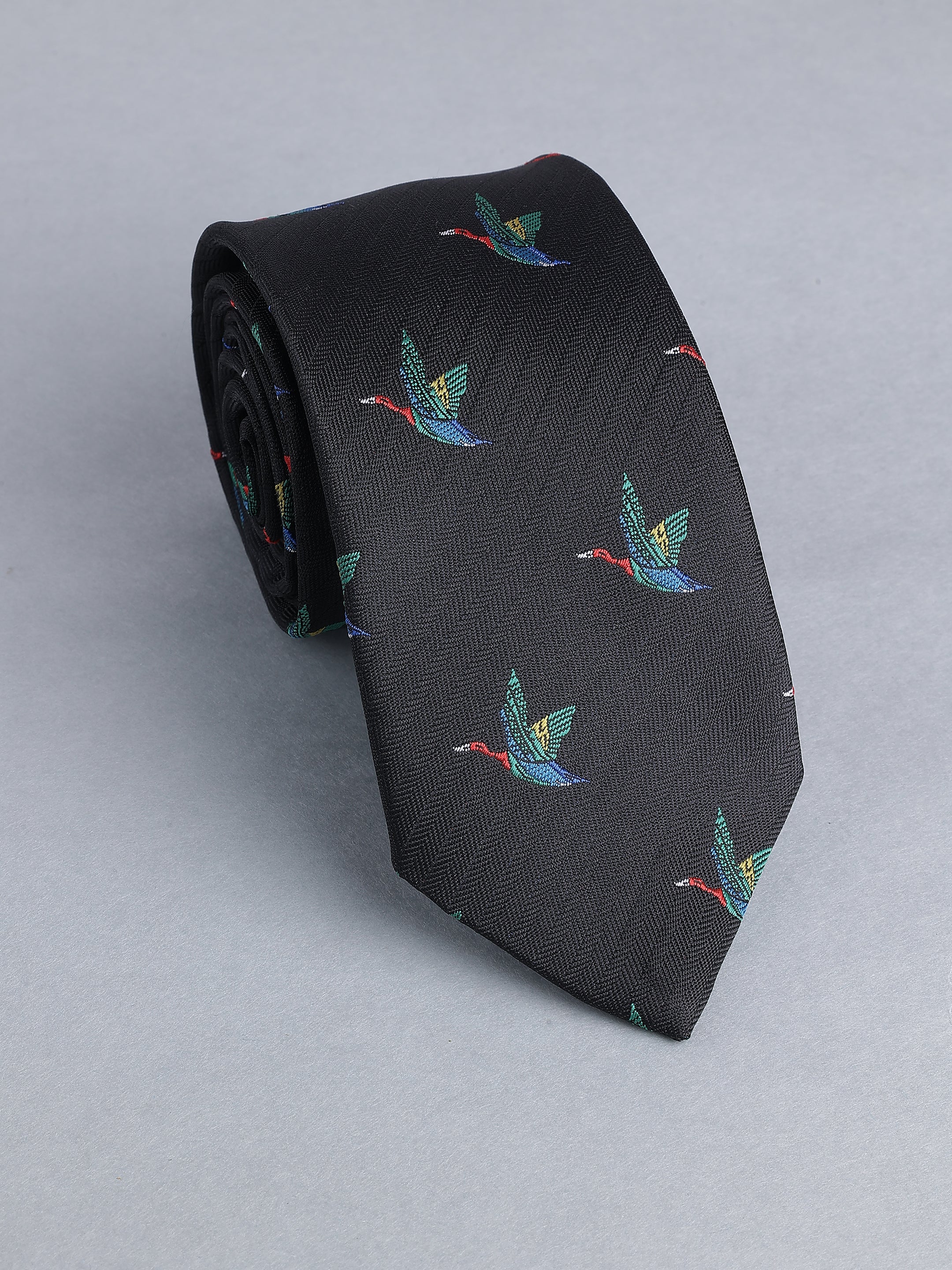 Black with Multicolor Flying Bird Necktie
