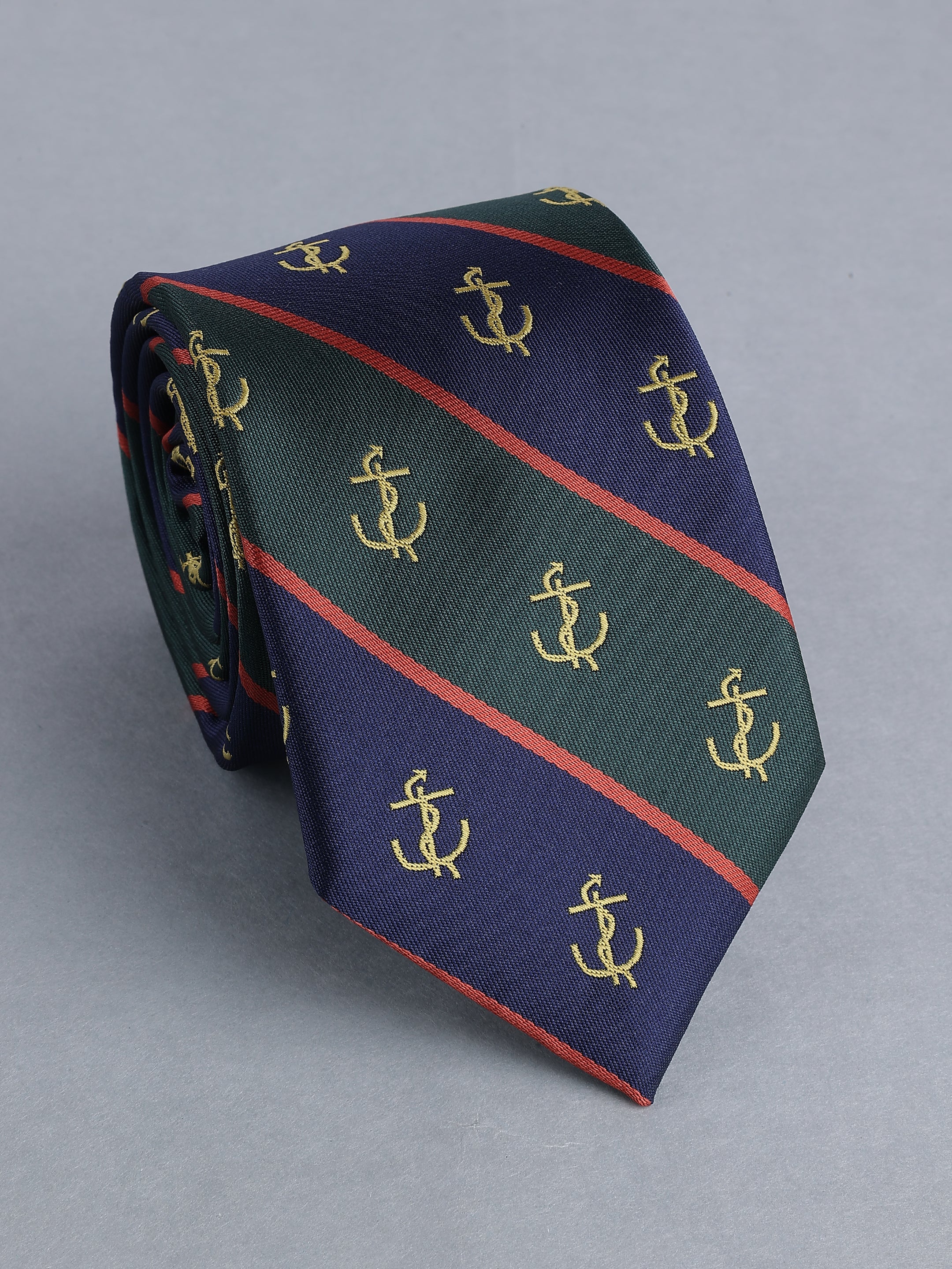 Navy & Green Anchor Diagonal Stripe Necktie