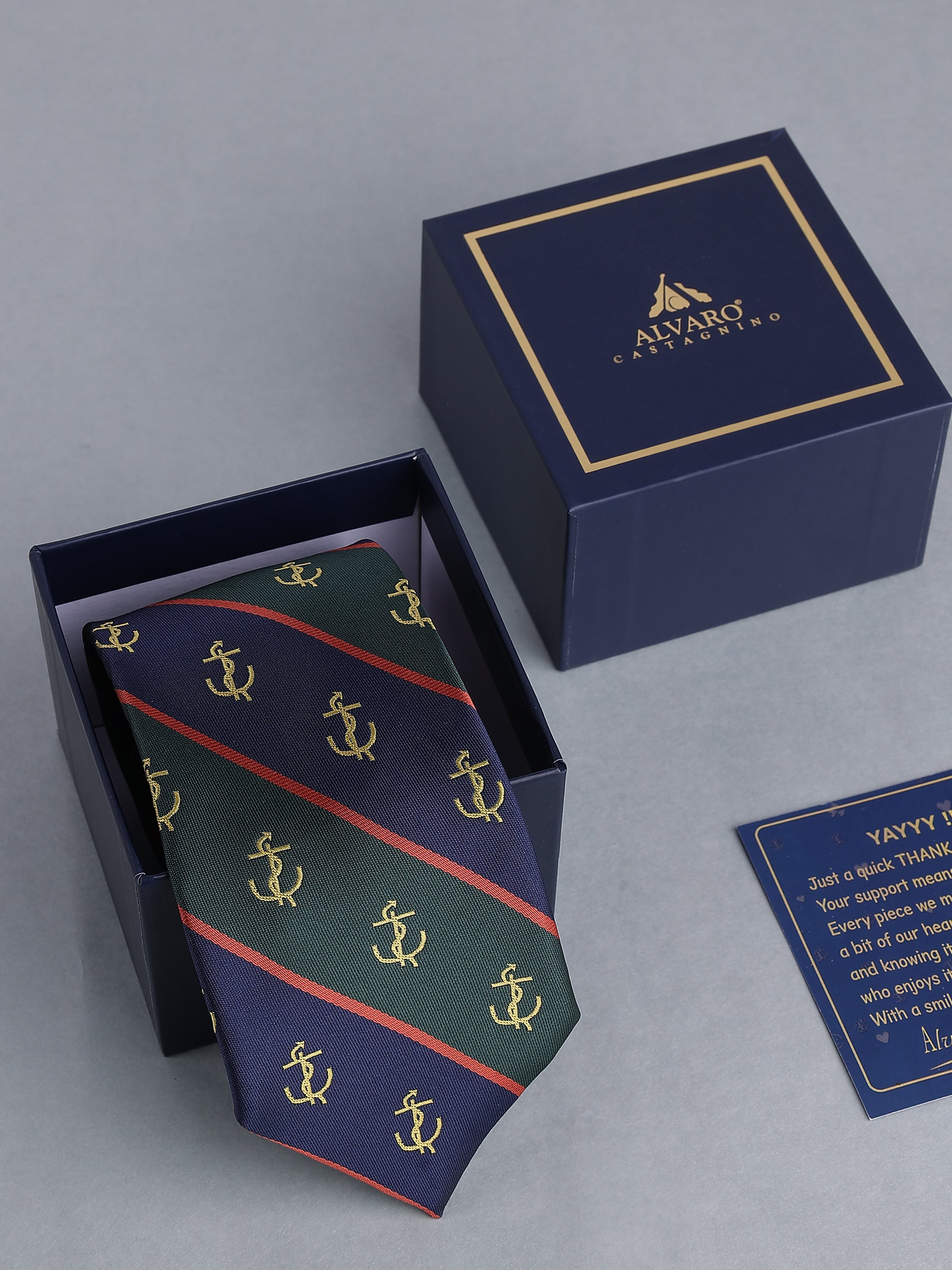 Navy & Green Anchor Diagonal Stripe Necktie