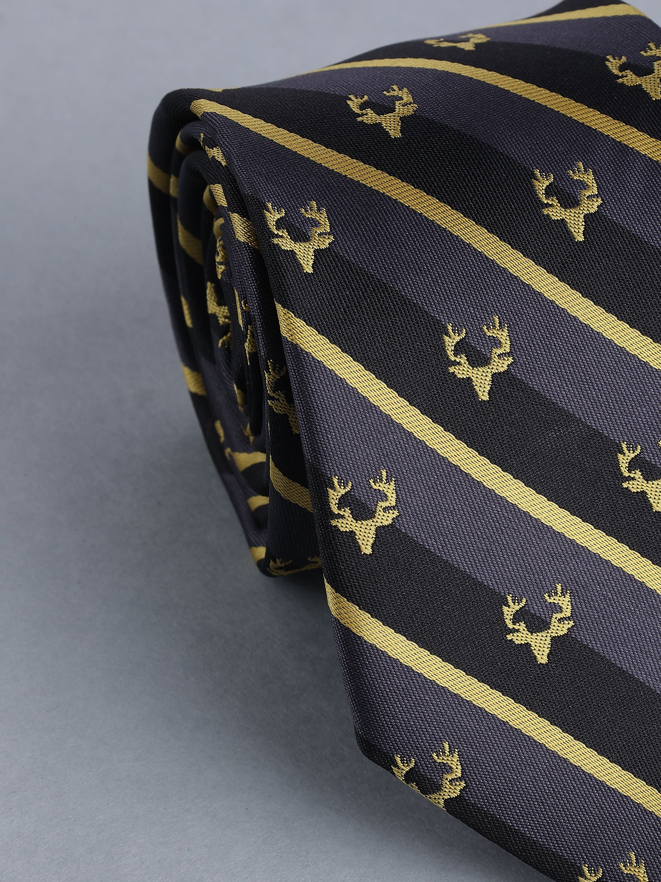 Grey & Black Striped Gold Stag necktie