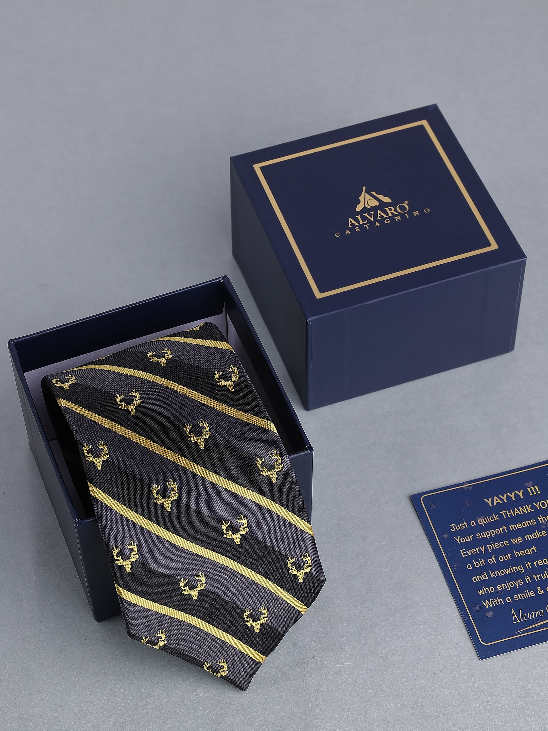 Grey & Black Striped Gold Stag necktie