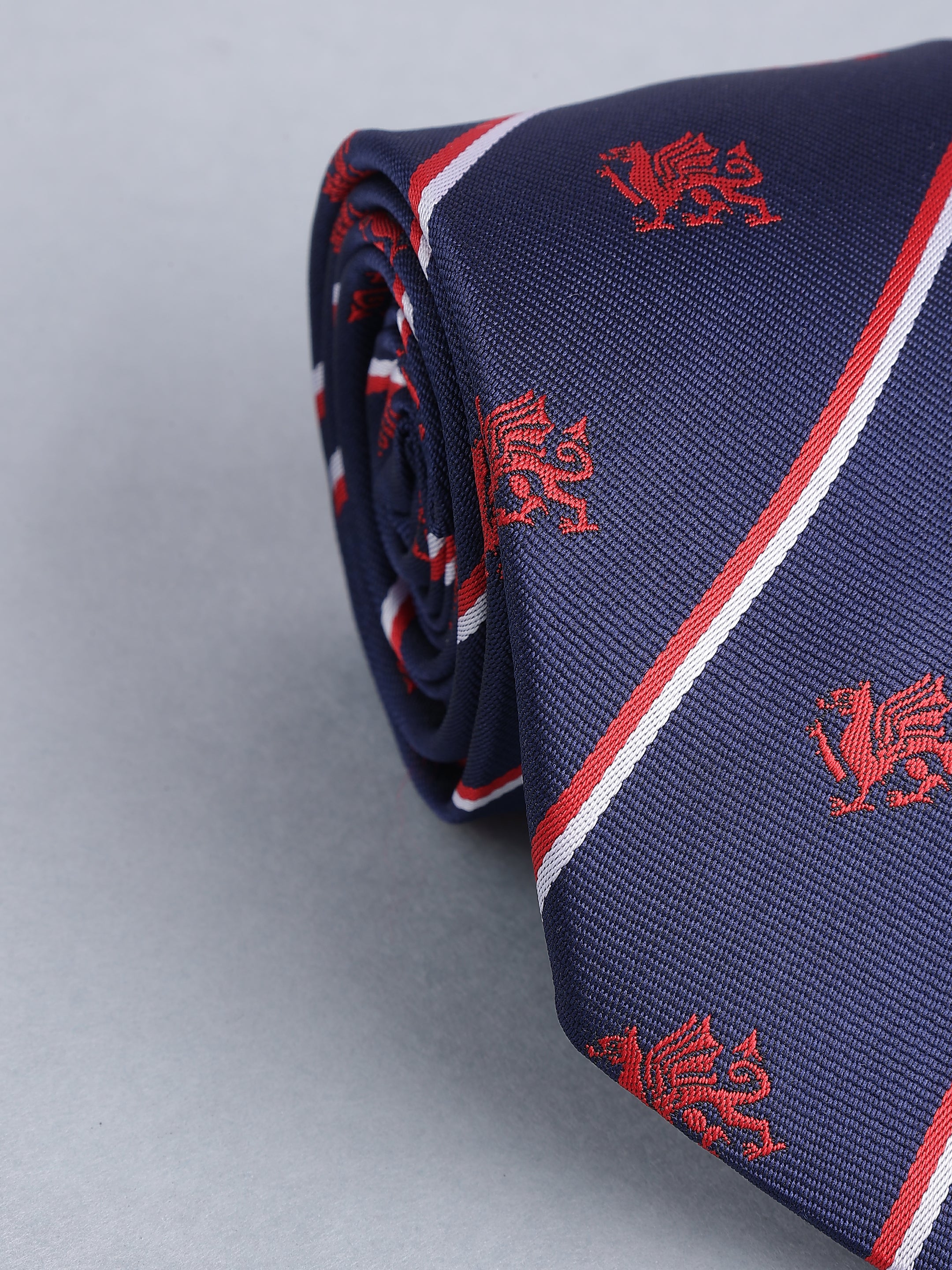 Navy & Red Striped Blend Red Dragon Motif Necktie