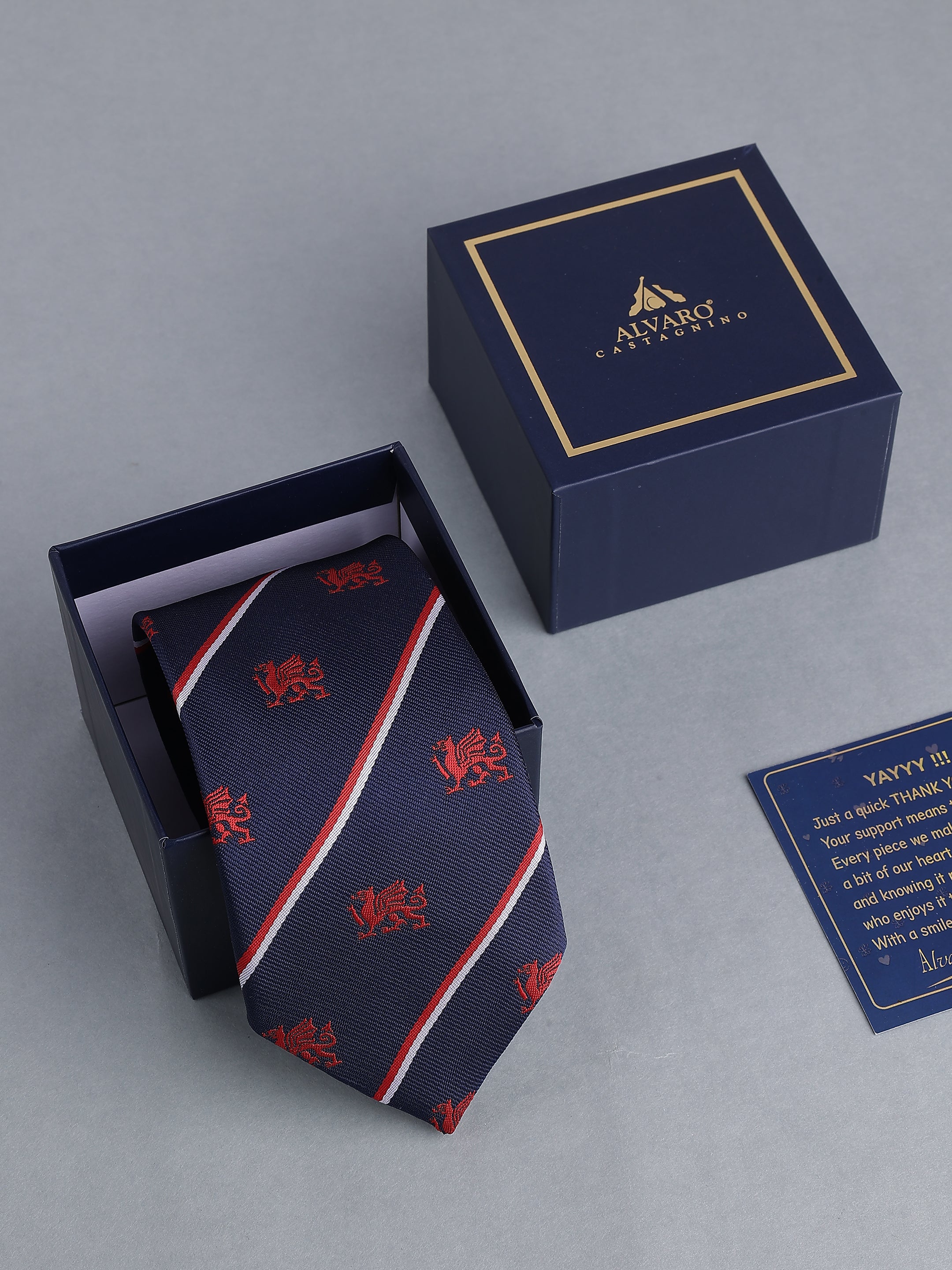 Navy & Red Striped Blend Red Dragon Motif Necktie