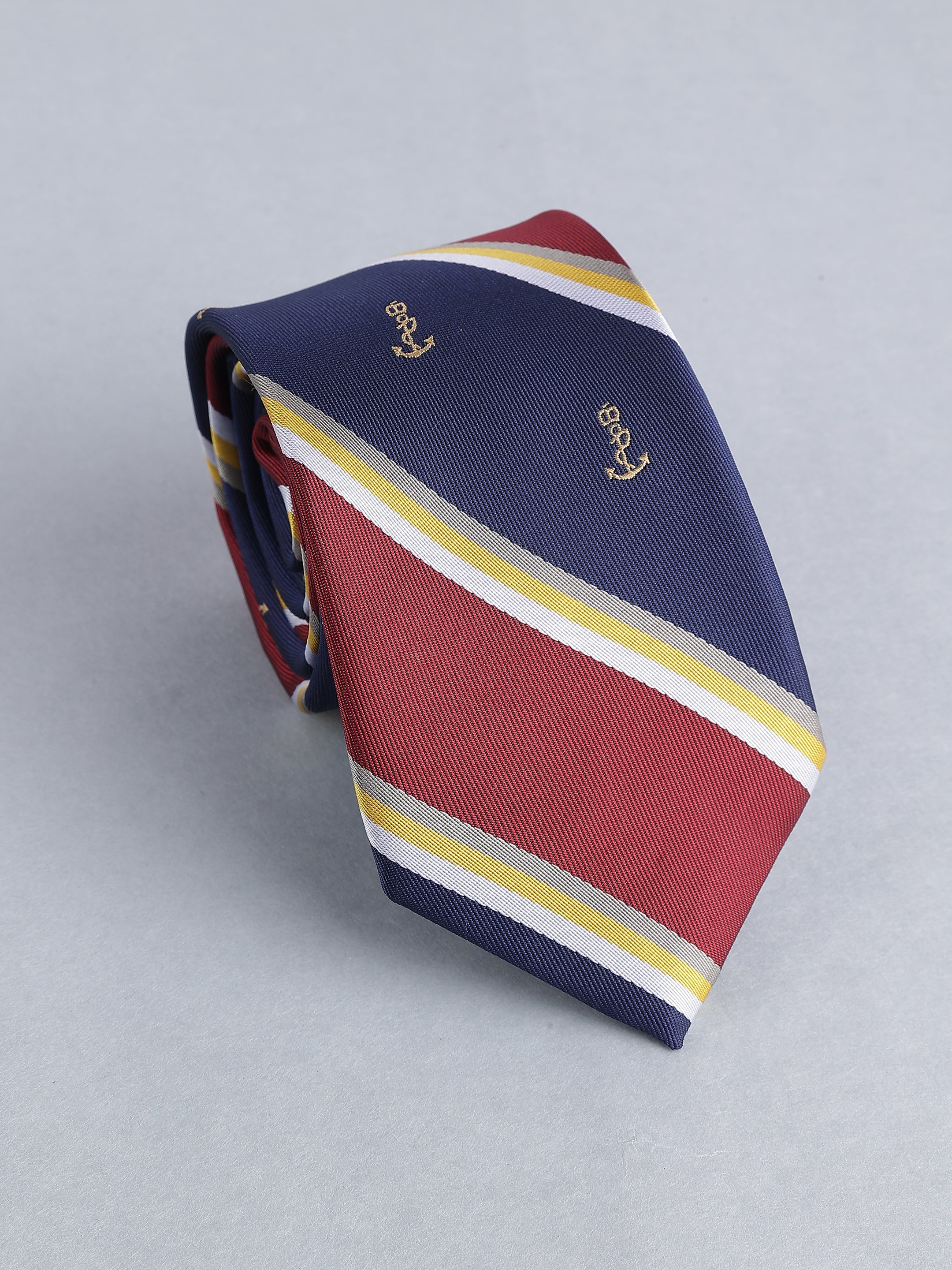Navy & Maroon Striped Blend Gold Anchor Motif Necktie