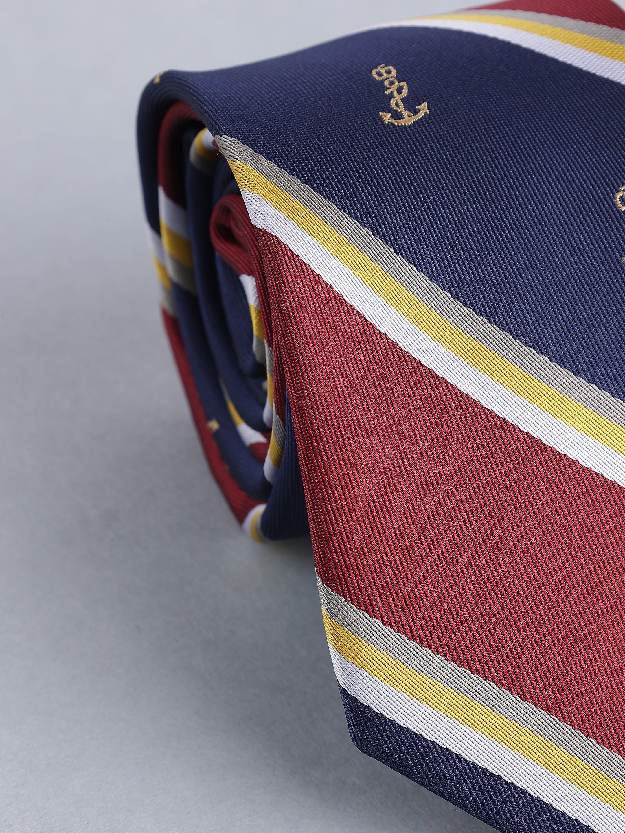 Navy & Maroon Striped Blend Gold Anchor Motif Necktie
