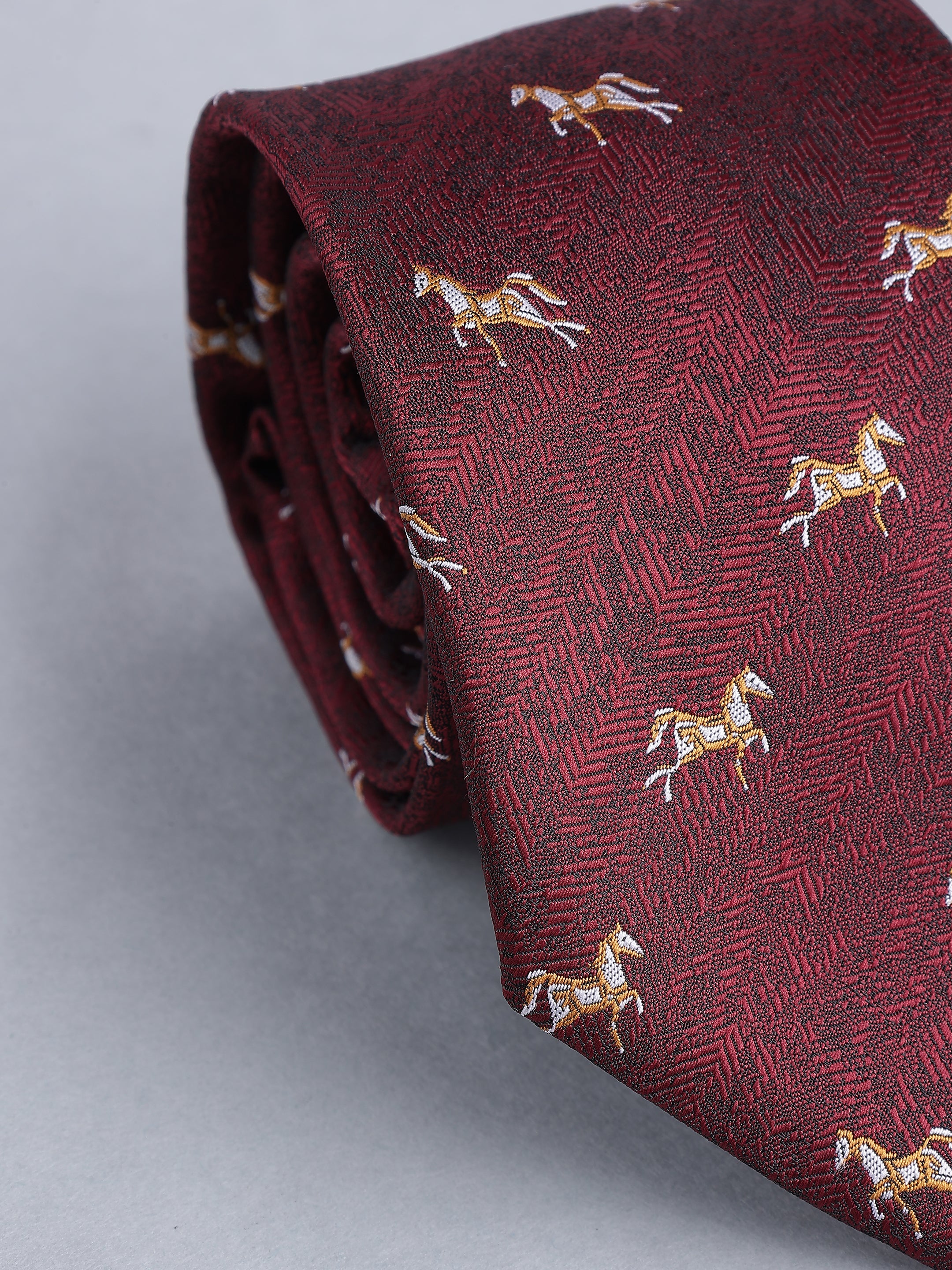 Maroon Herringbone Blend Gold Horse Motif Necktie