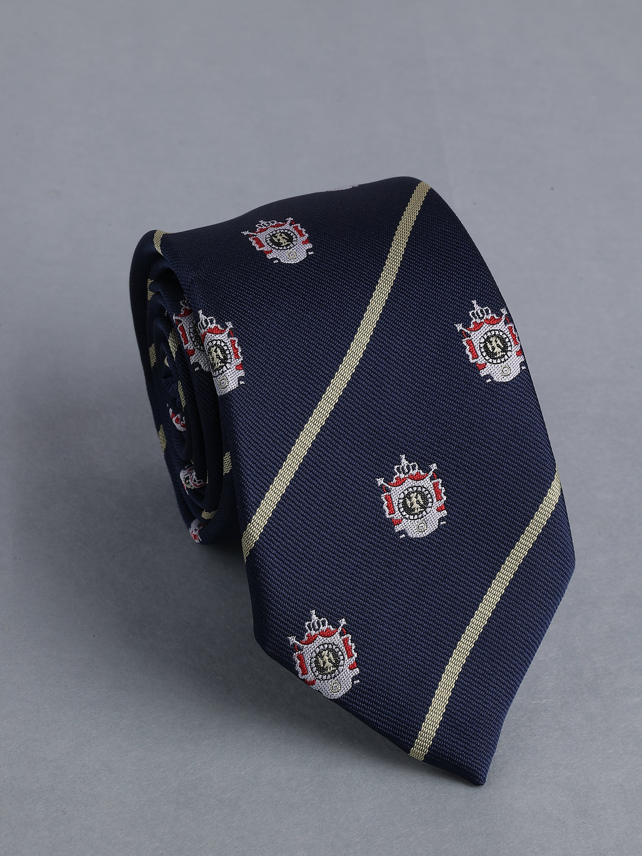 Navy & Silver Striped Blend Royal Crest Motif Necktie