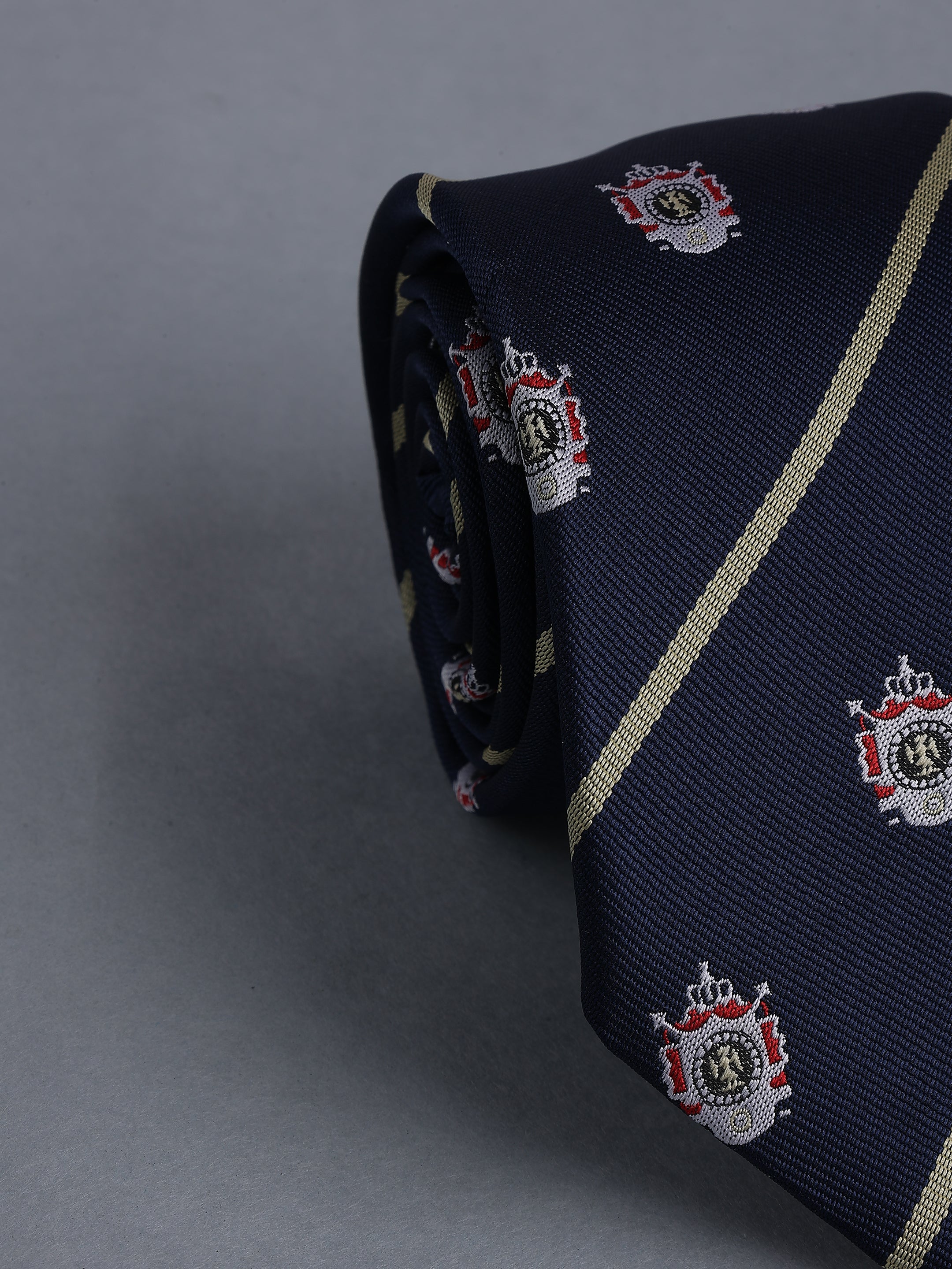 Navy & Silver Striped Blend Royal Crest Motif Necktie