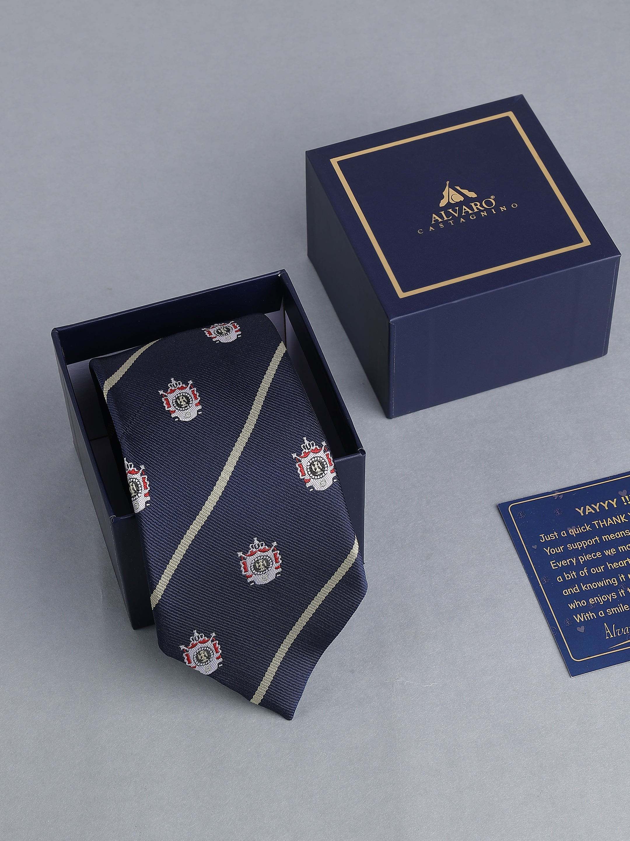 Navy & Silver Striped Blend Royal Crest Motif Necktie