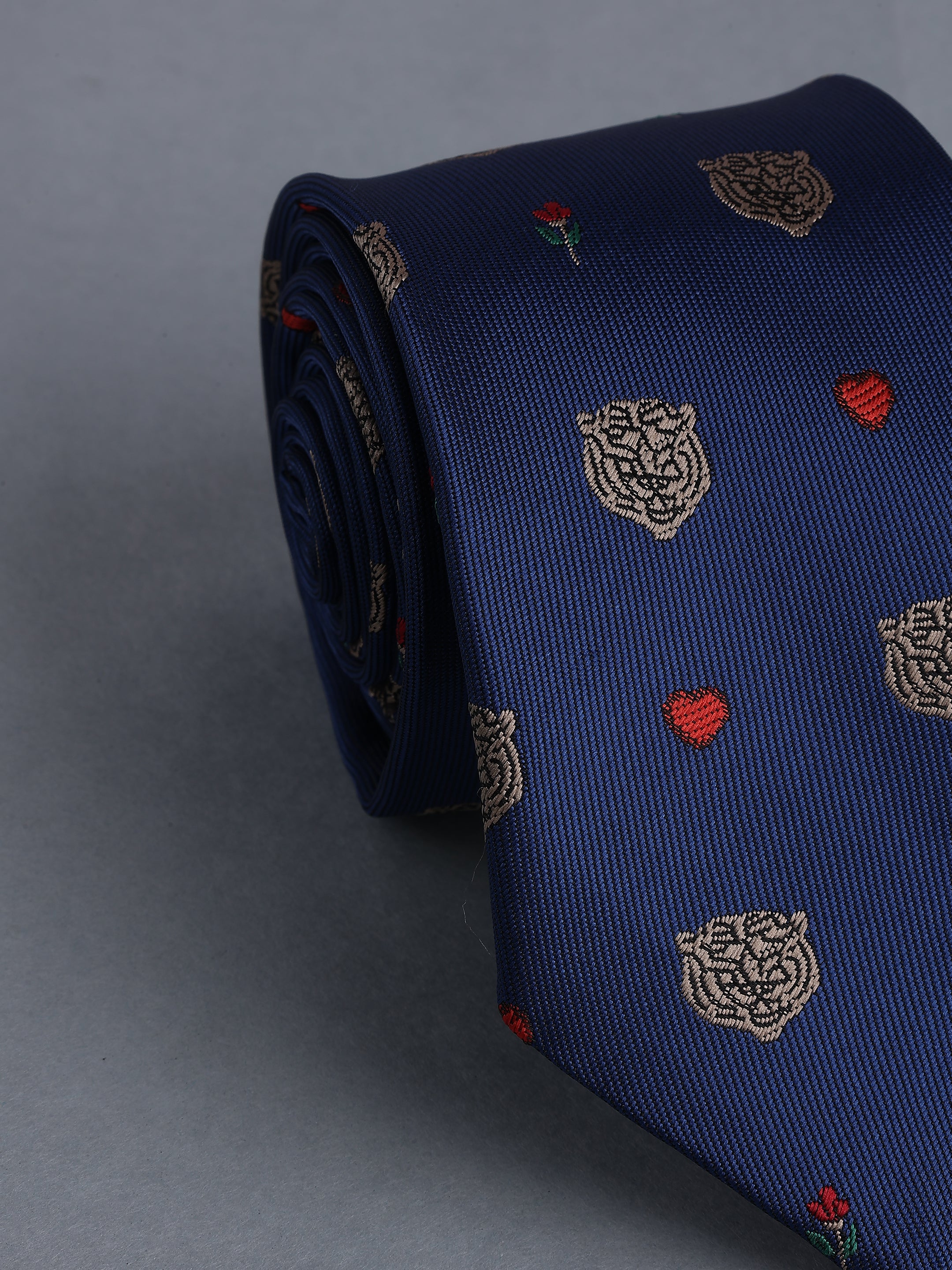 Blue Blend Gold Tiger & Red Rose Motif Necktie