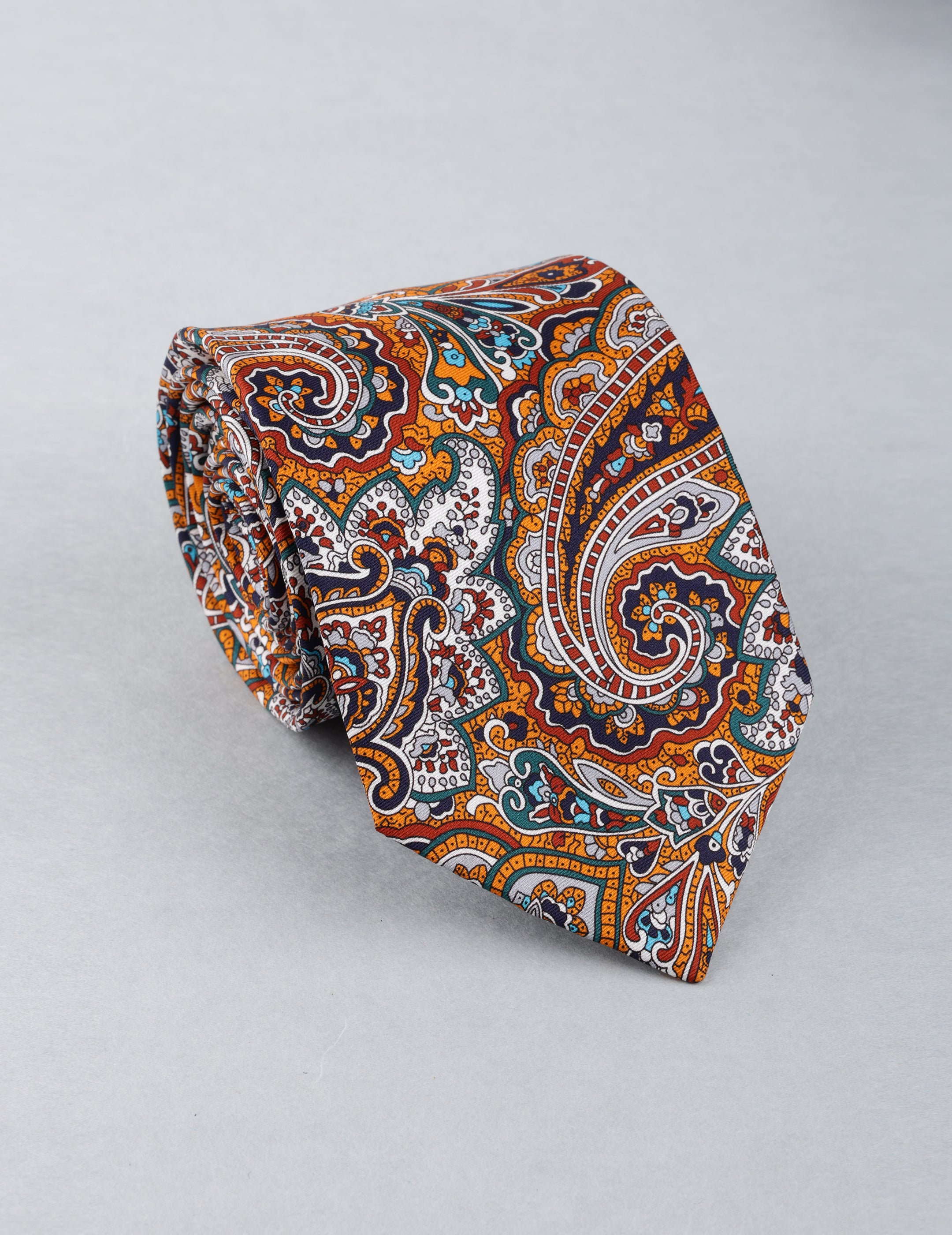 Orange Paisley Printed Silk Necktie