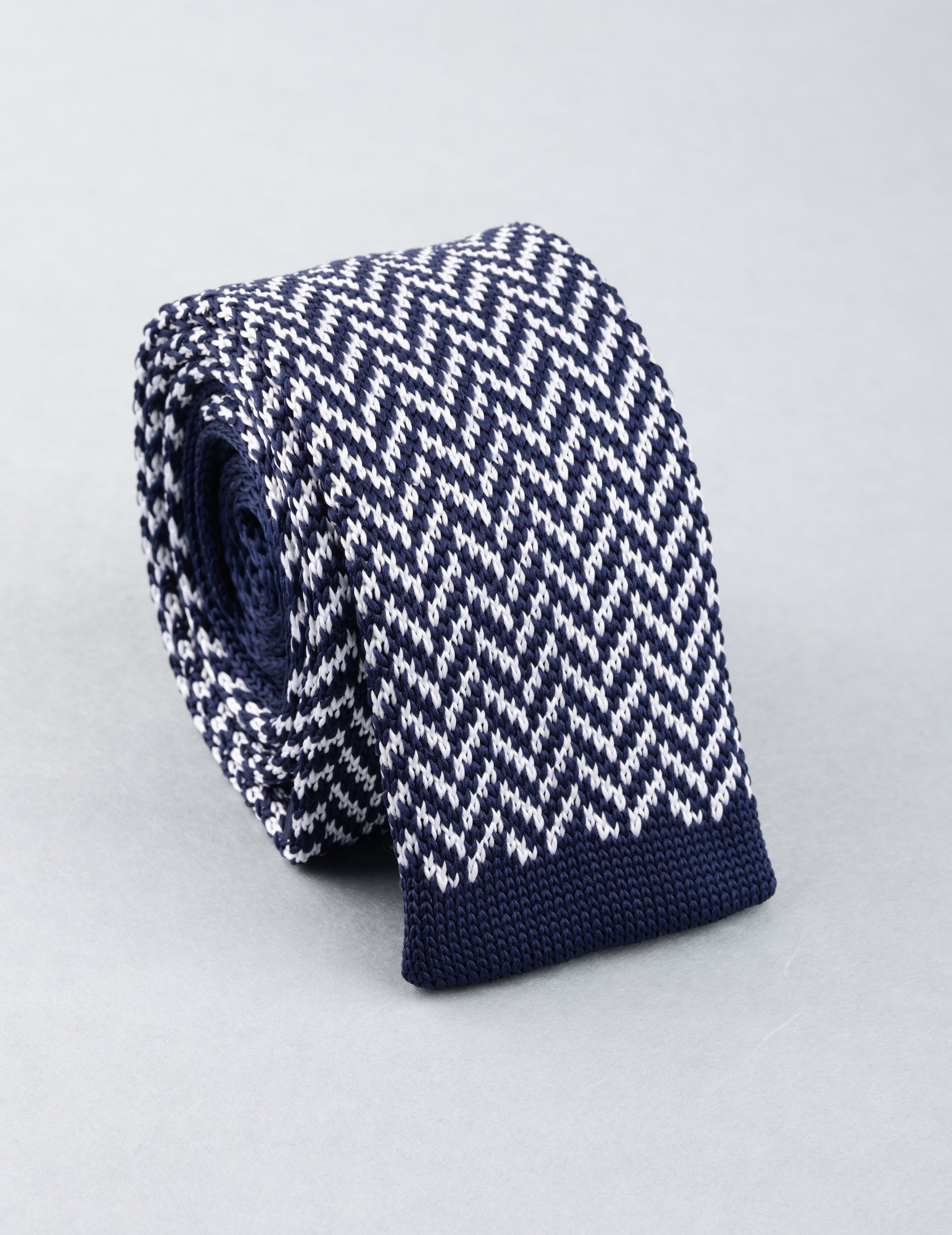 Navy Blue & White Chevron Knitted Necktie