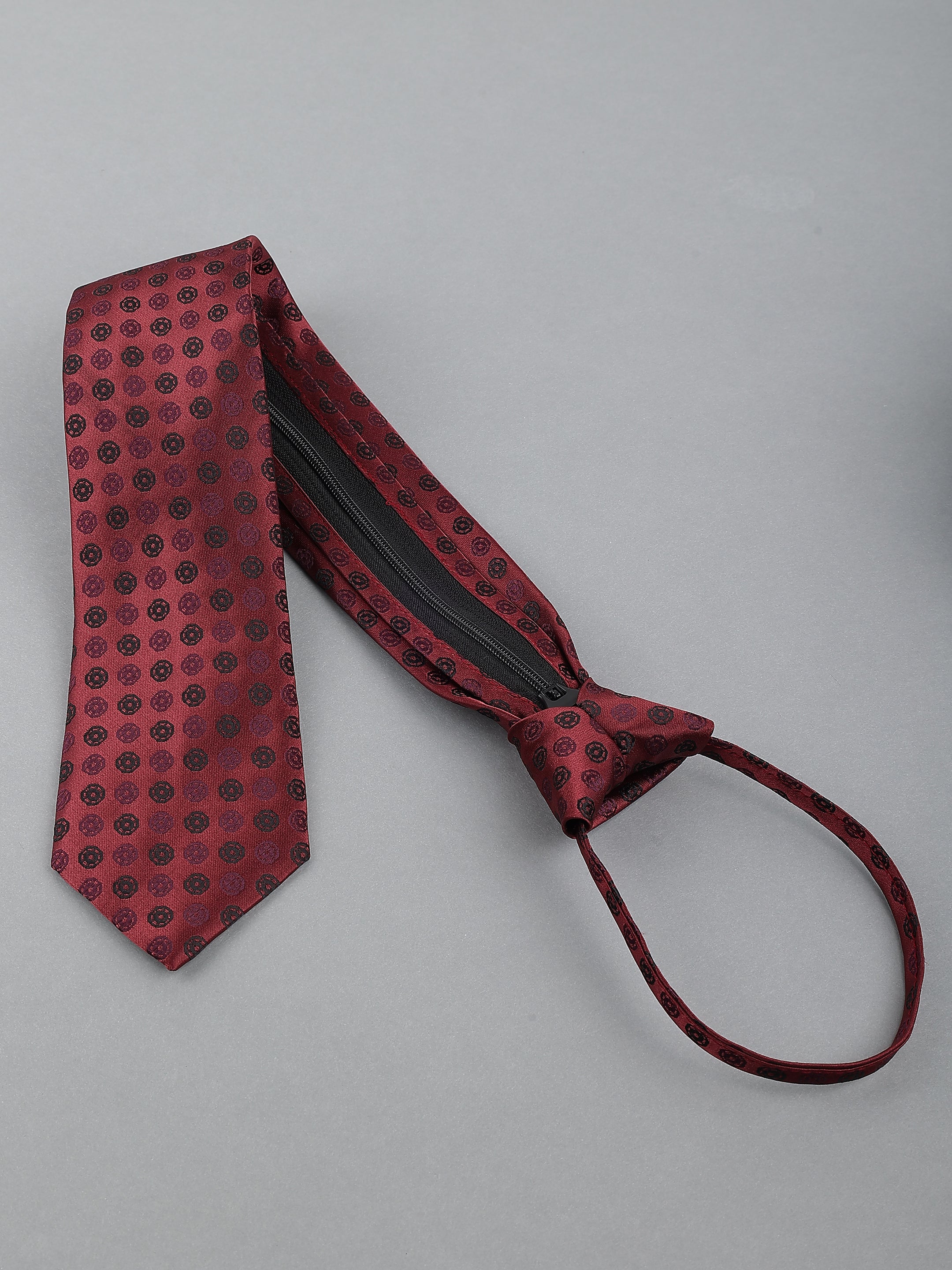 Burgundy Medallion Print Zipper Tie