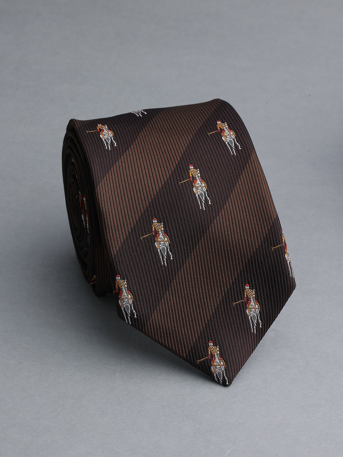 Dark Brown Striped Polo Player Microfiber Necktie