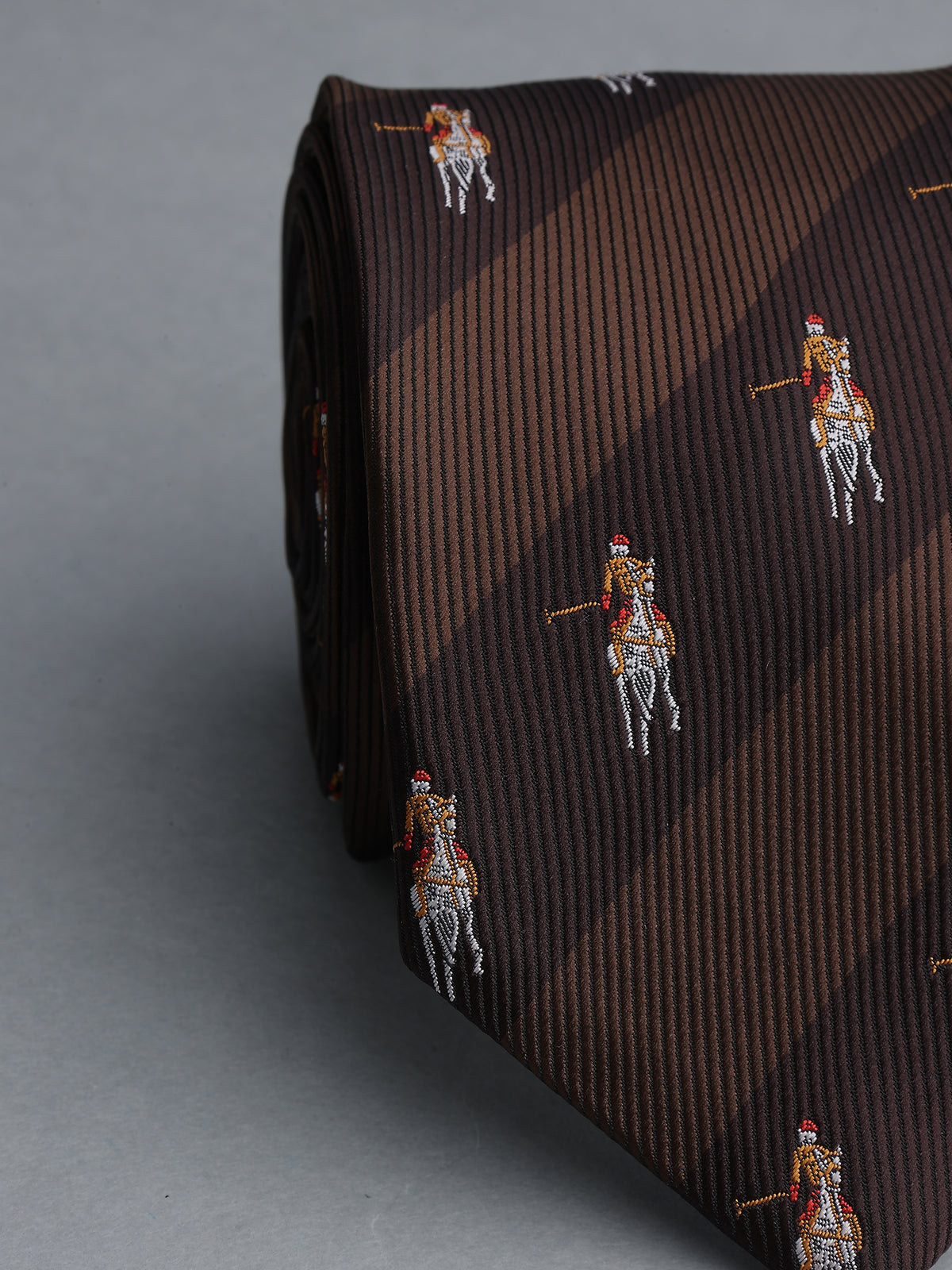 Dark Brown Striped Polo Player Microfiber Necktie
