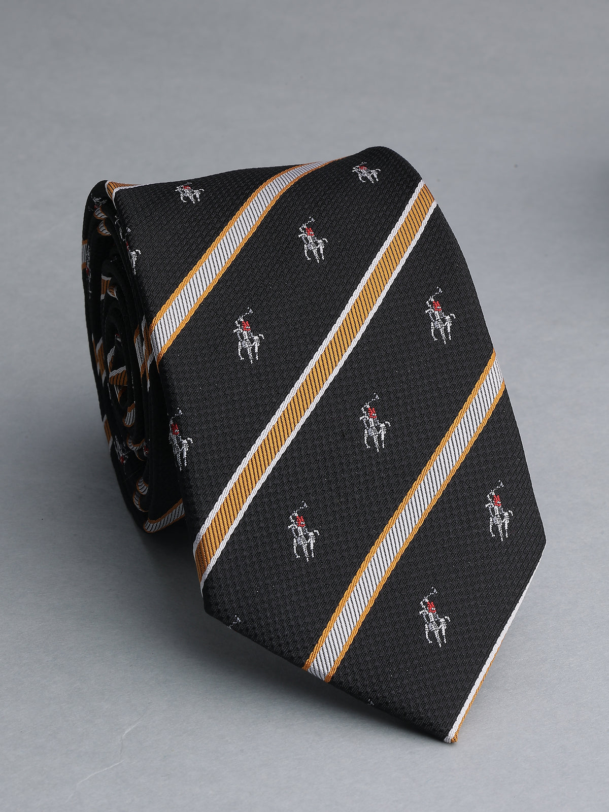 Aristocratic Black and Gold Striped Polo Player Necktie