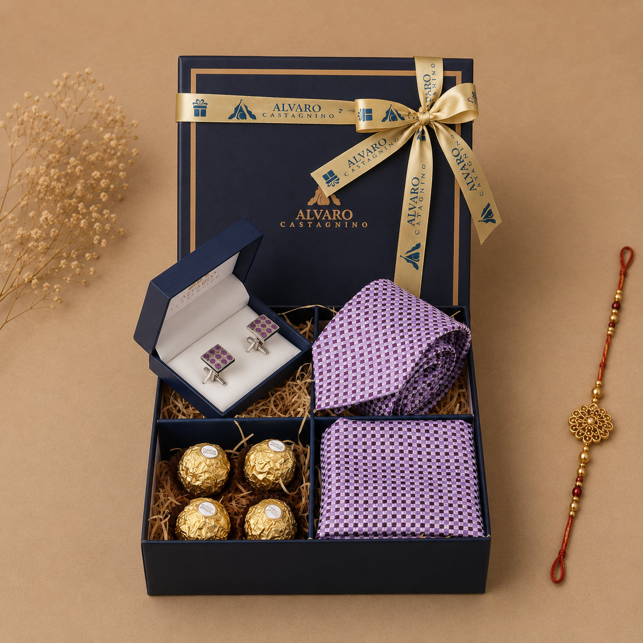 Tie, Pocket Square, Cufflinks & Chocolates Gift Set