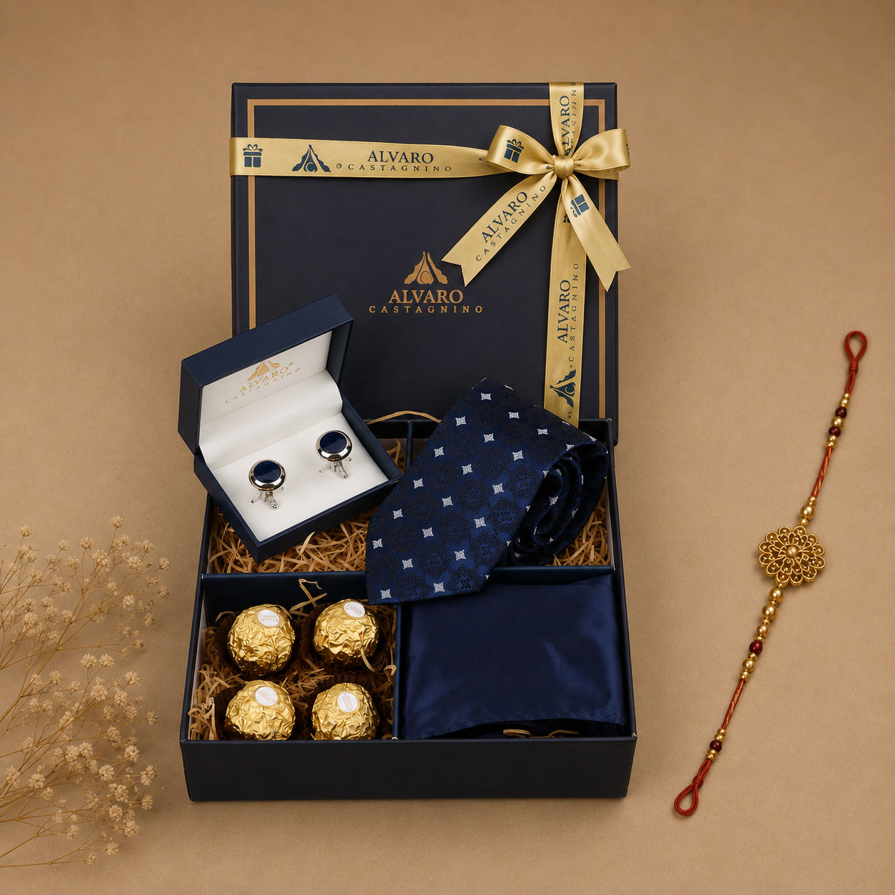 Tie, Pocket Square, Cufflinks & Chocolates Gift Set