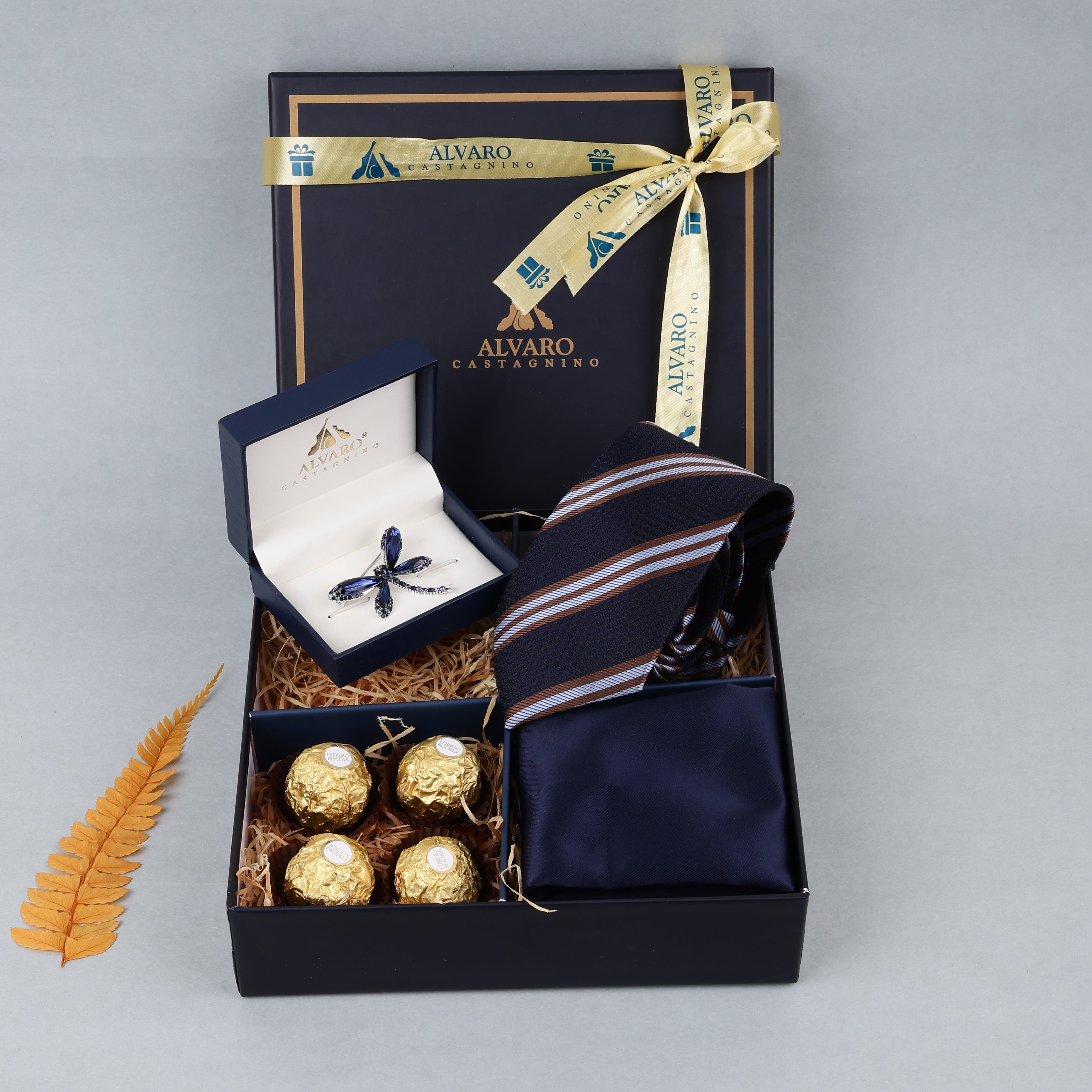 Navy Striped Tie, Pocket Square, Lapel Pin & Chocolates Gift Set