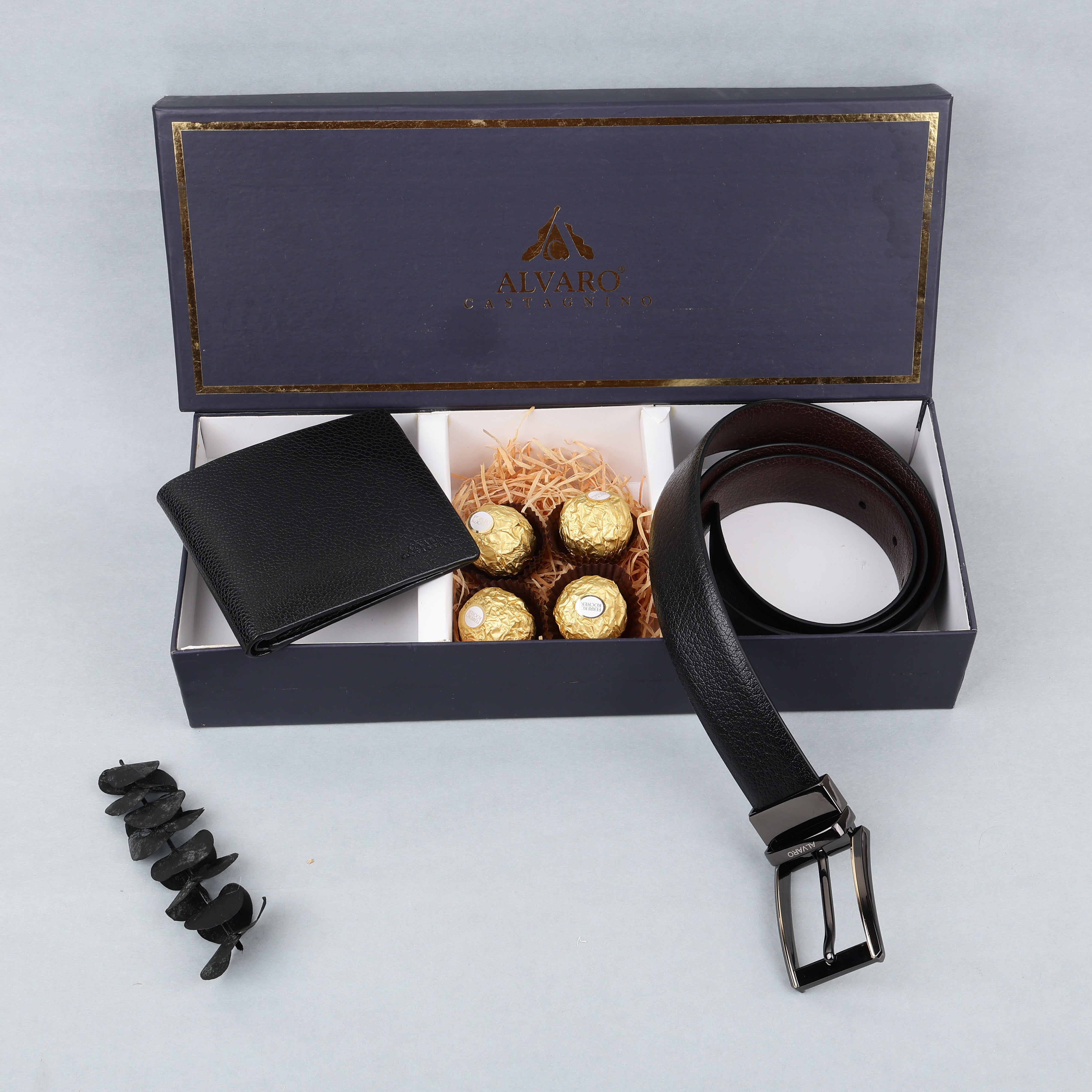 Textured Leather Belt, Wallet & Chocolates Gift Box Set