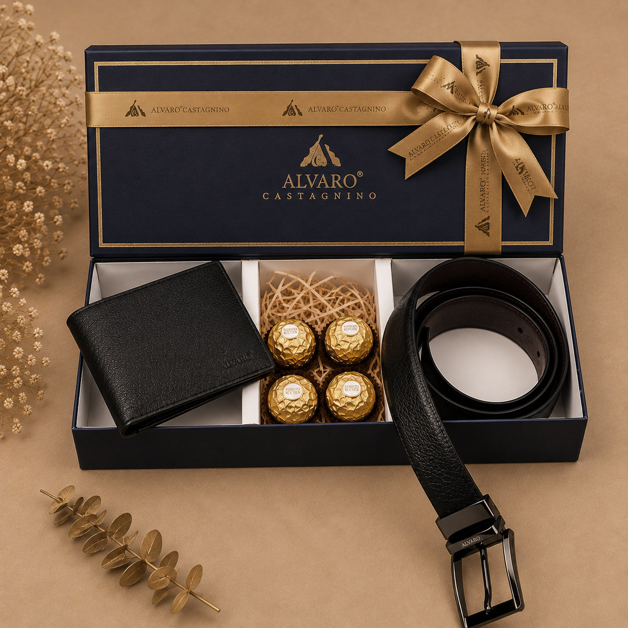 Textured Leather Belt, Wallet & Chocolates Gift Box Set