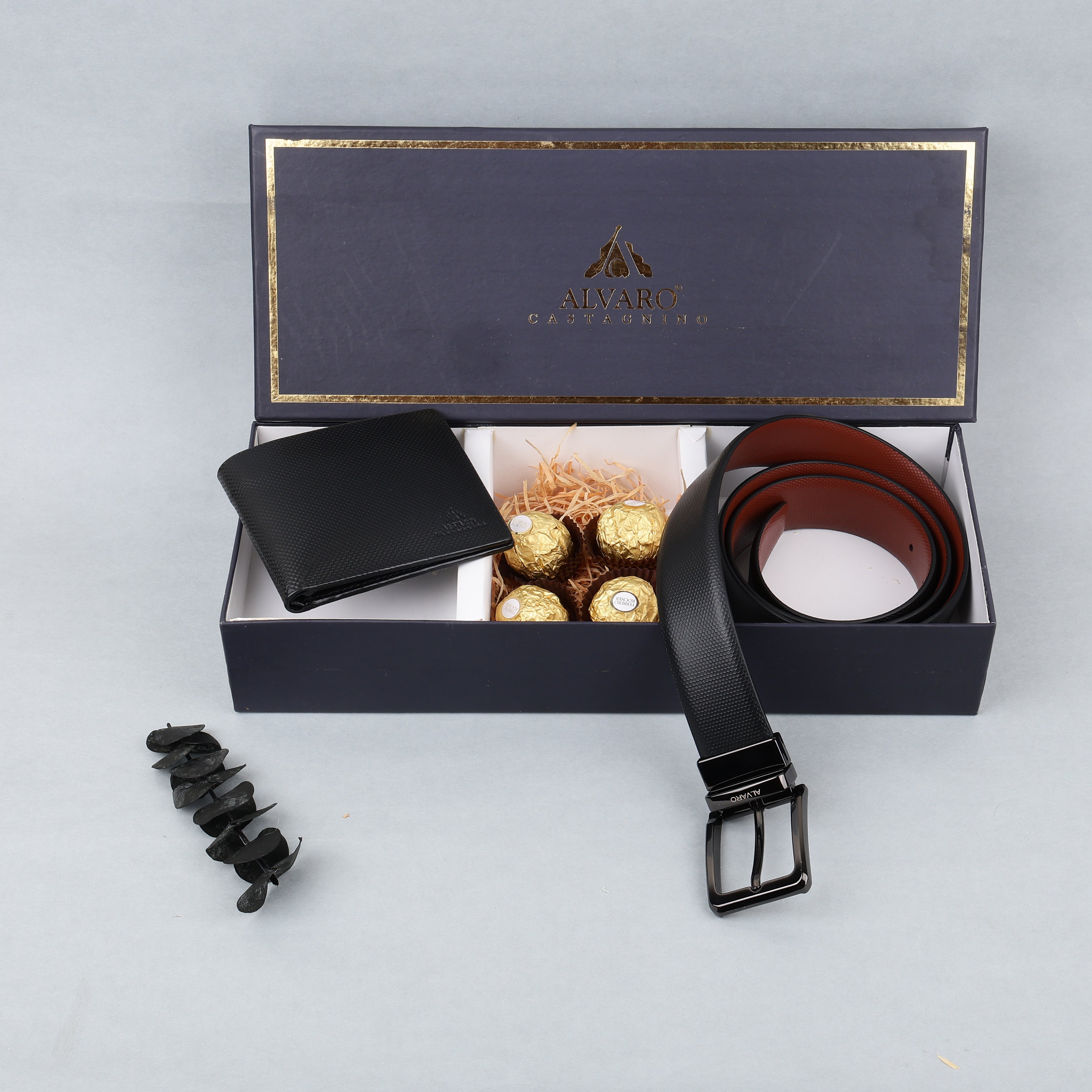 Micro-Patterned Leather Belt, Wallet & Chocolates Gift Box Set