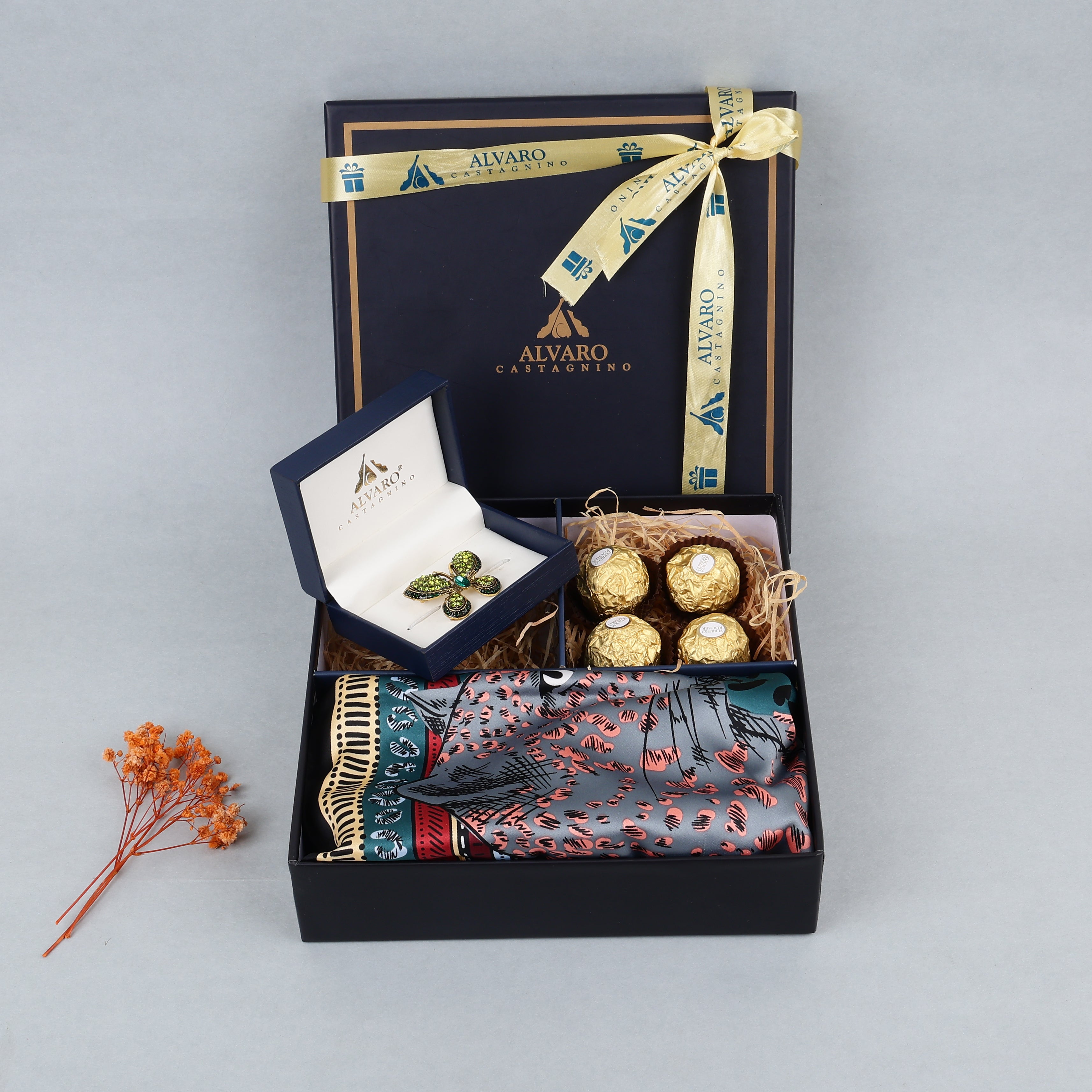Printed Scarf, Crystal Brooch & Chocolates Gift Box Set