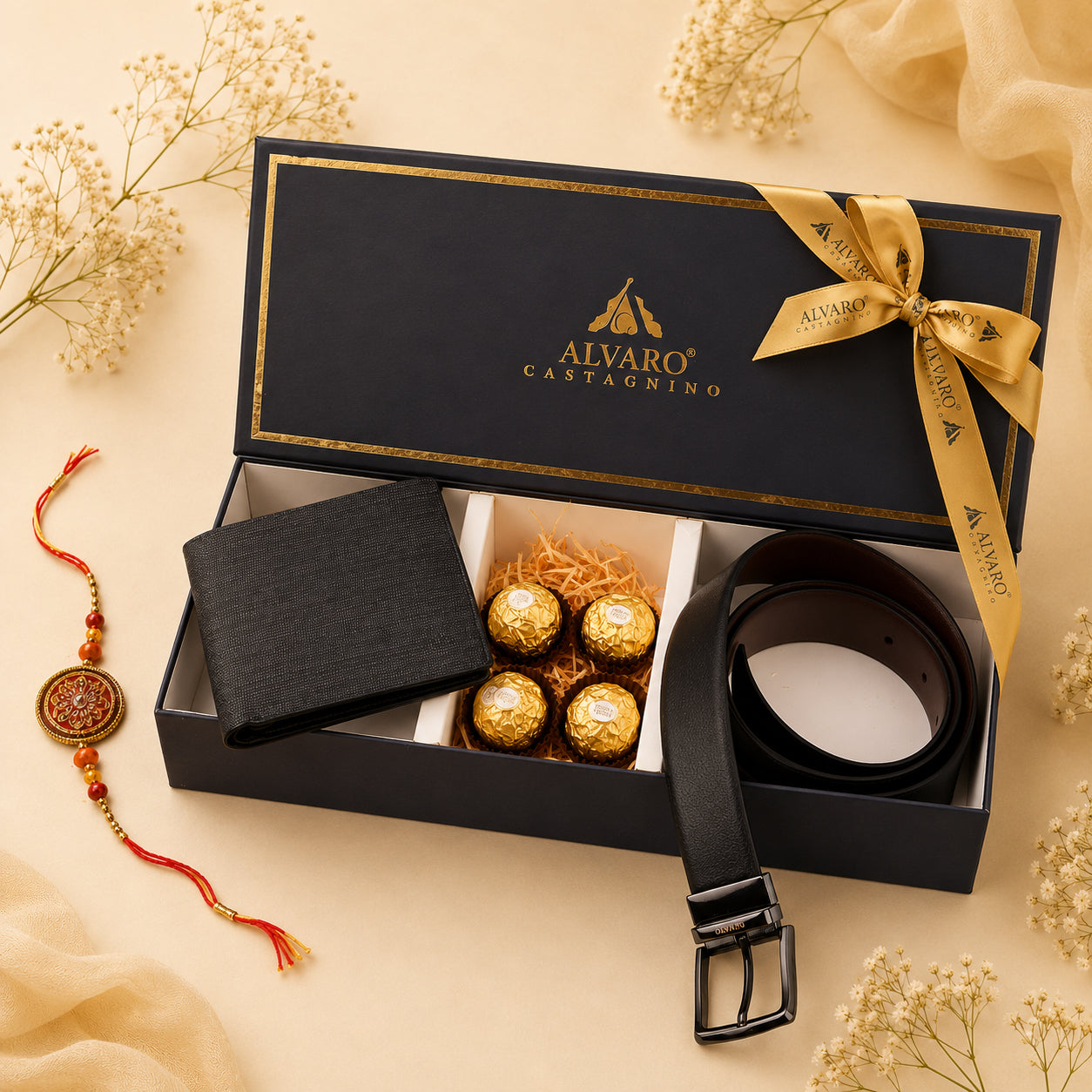 Fine-Grain Leather Belt, Wallet & Chocolates Gift Box Set