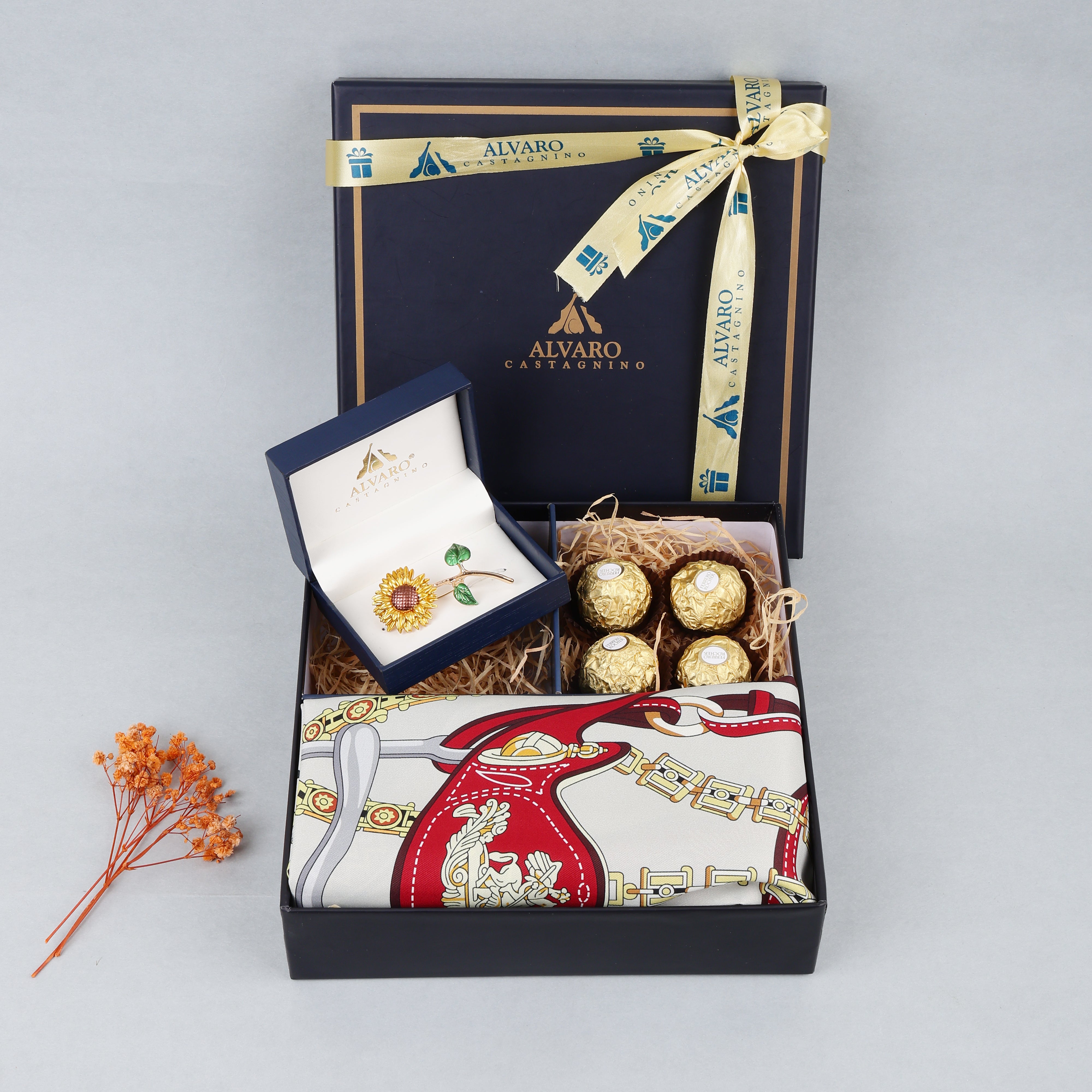 Printed Scarf, Sunflower Brooch & Chocolates Gift Box Set