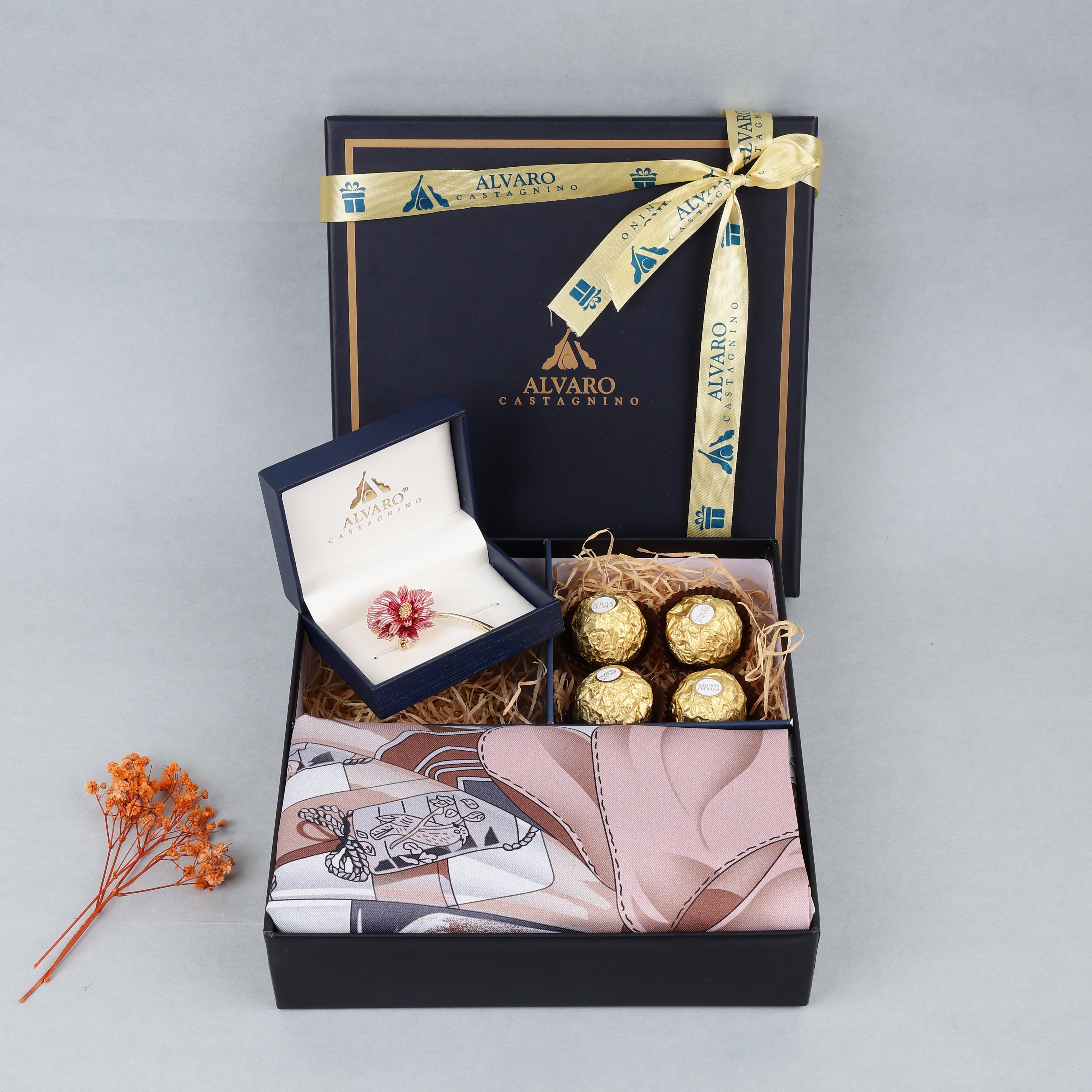 Printed Scarf, Floral Brooch & Chocolates Gift Box Set