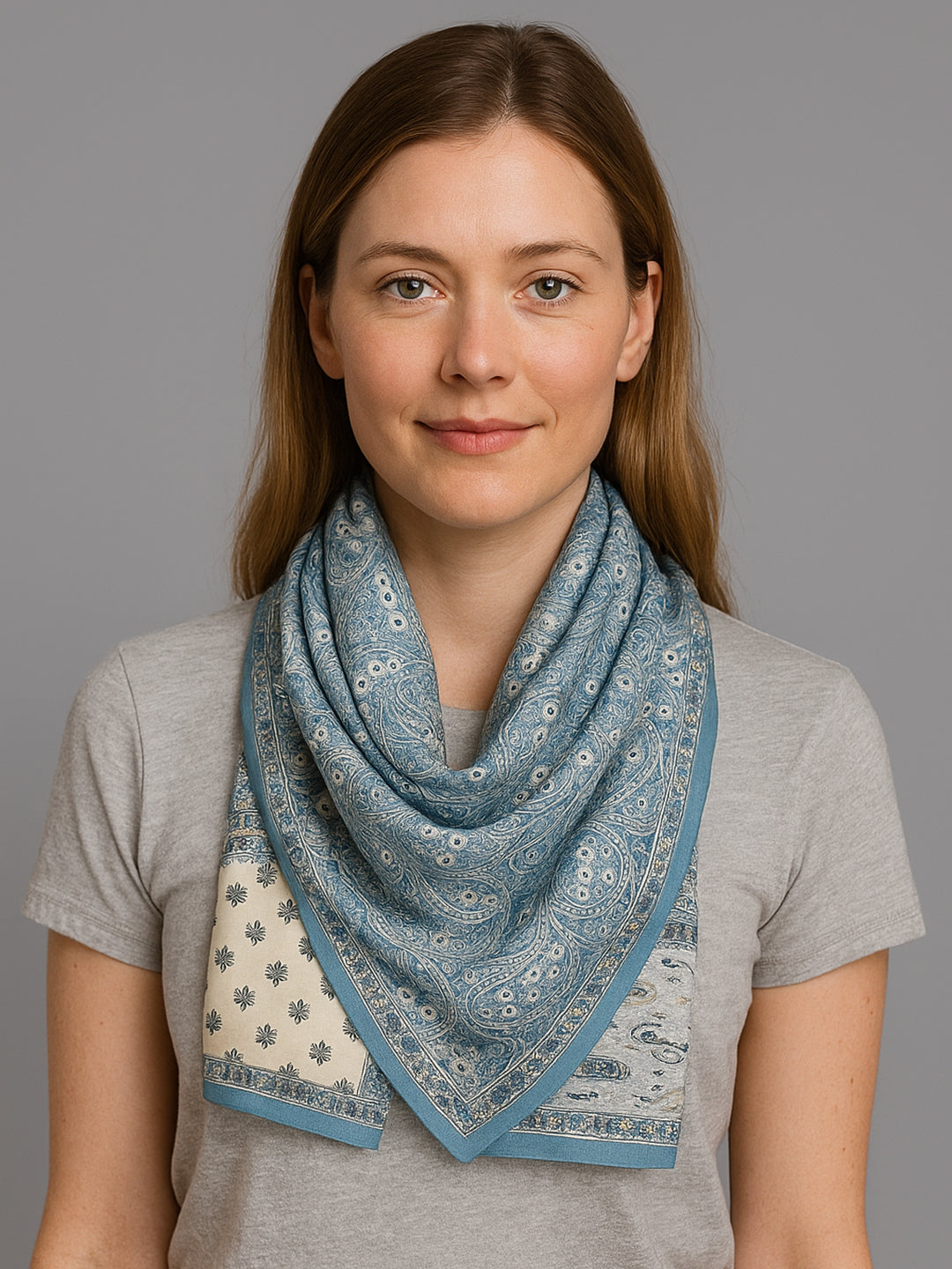 Blue & Ivory Floral Medallion Block-Print Scarf