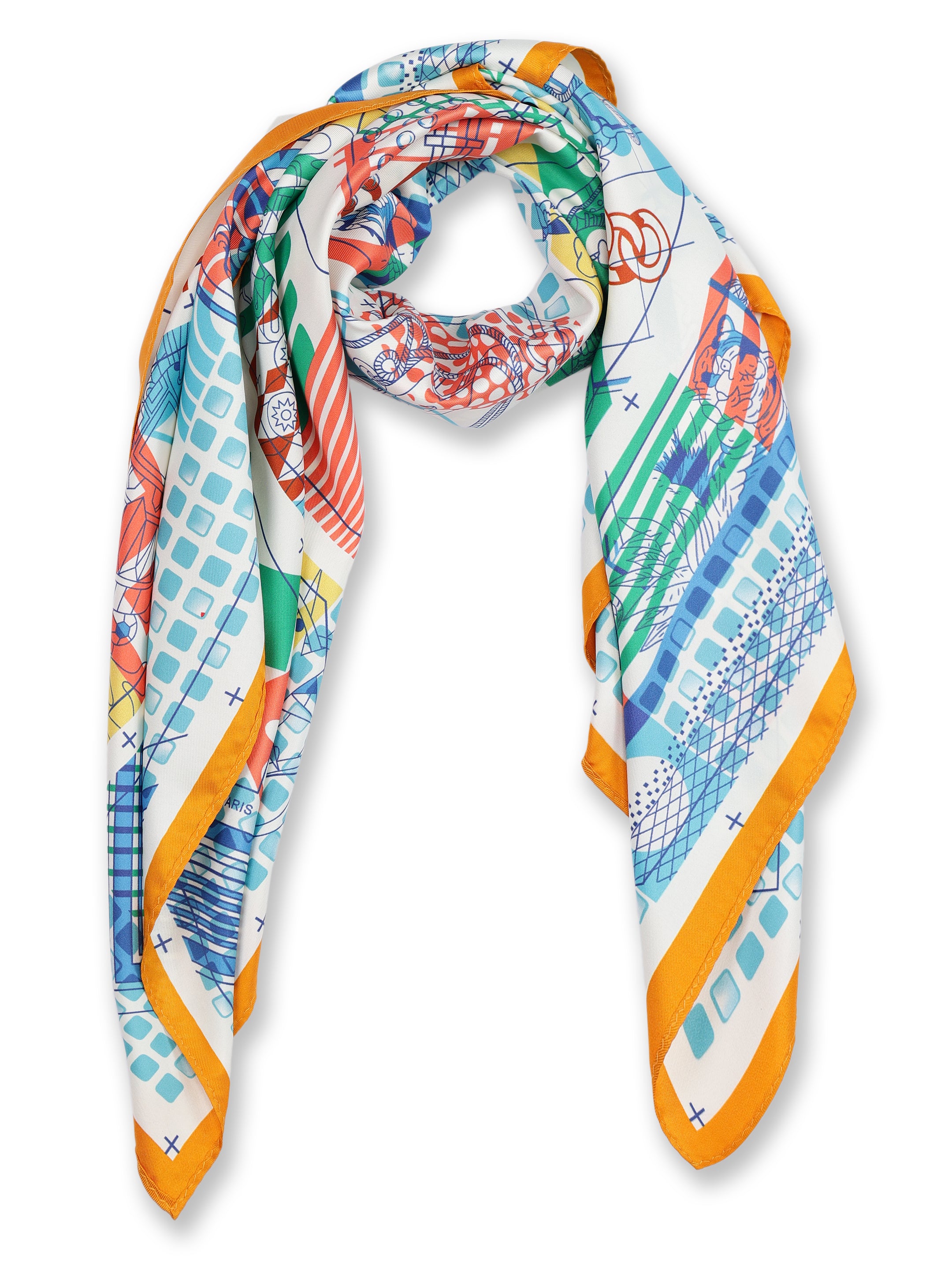 Geometric Patchwork Blue, Green & Coral Scarf
