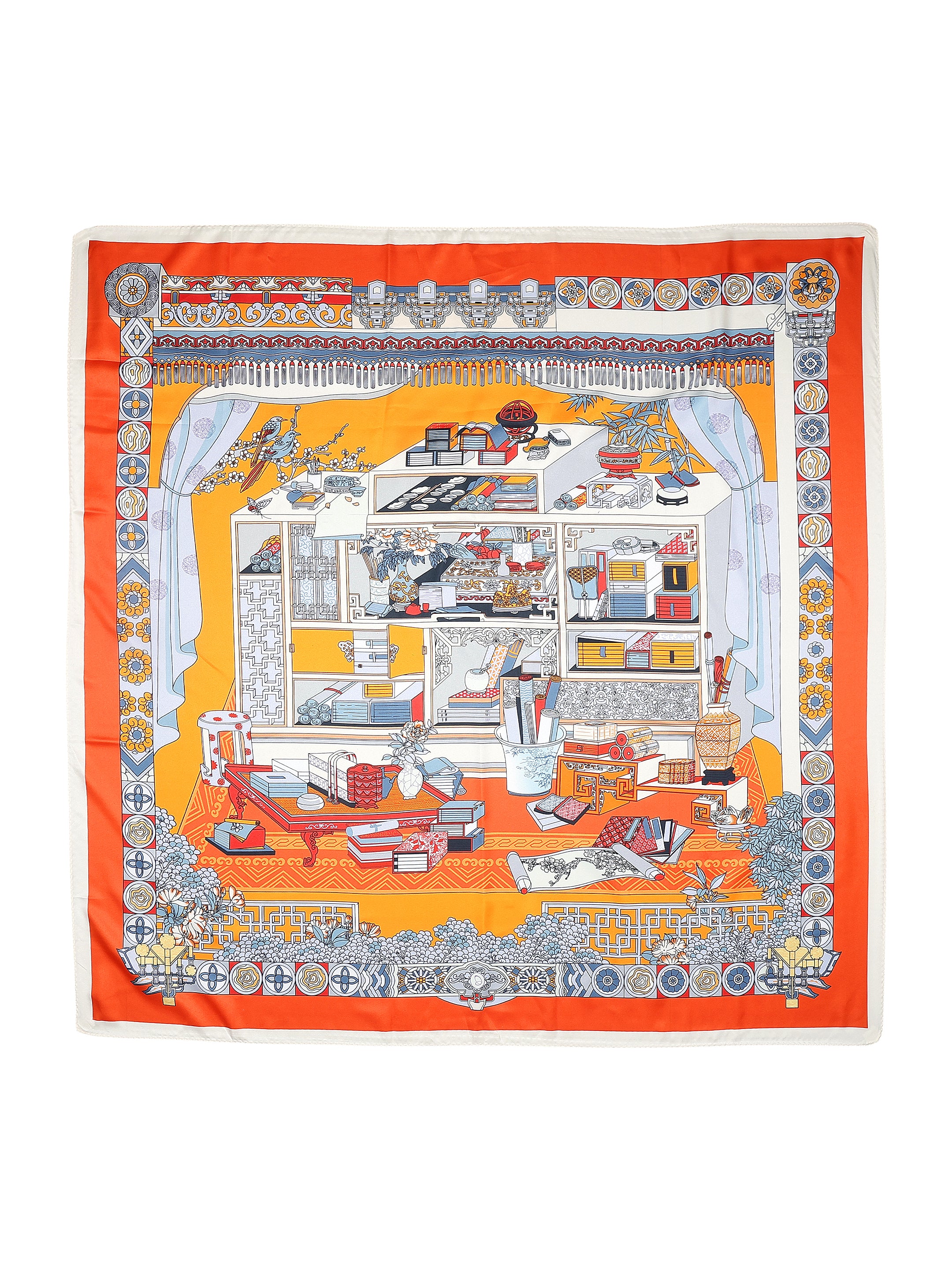 Orange & Multicolour Illustrated Printed Stole
