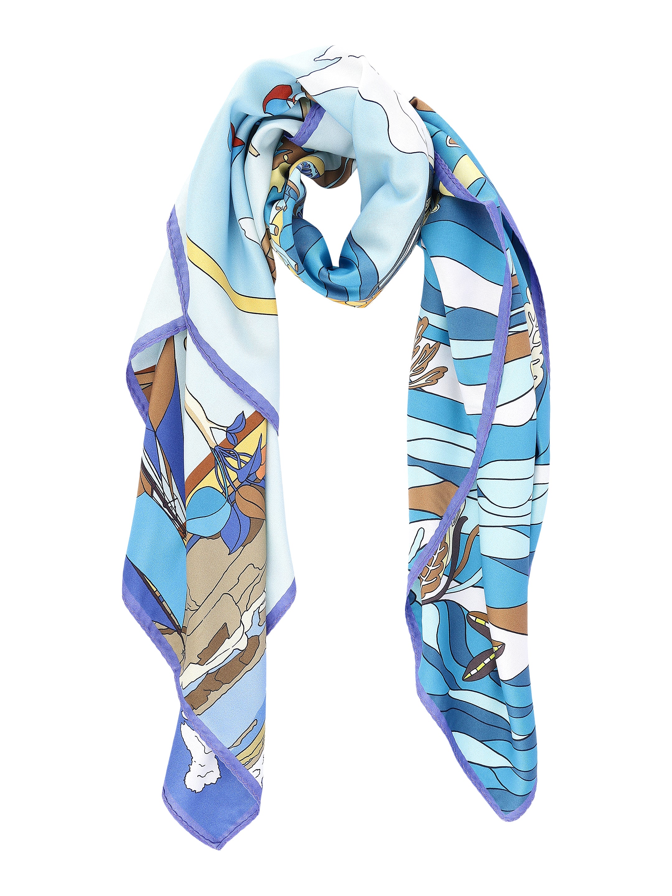 Blue & Multicolour Abstract Scenic Printed with Solid Border Stole