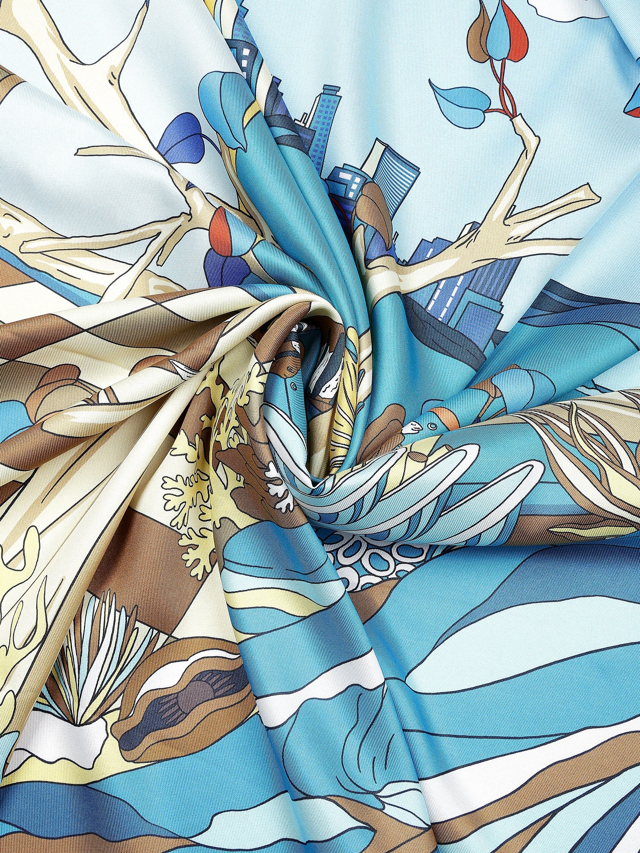 Blue & Multicolour Abstract Scenic Printed with Solid Border Stole