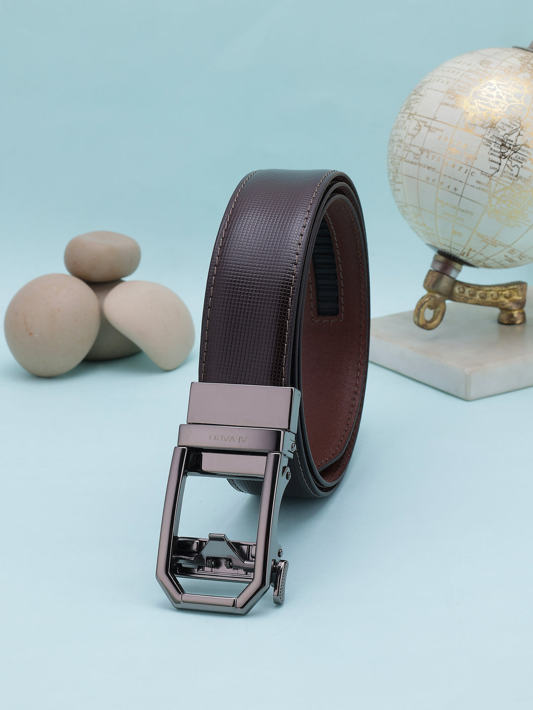 Brown Check Leather Auto Buckle Belt