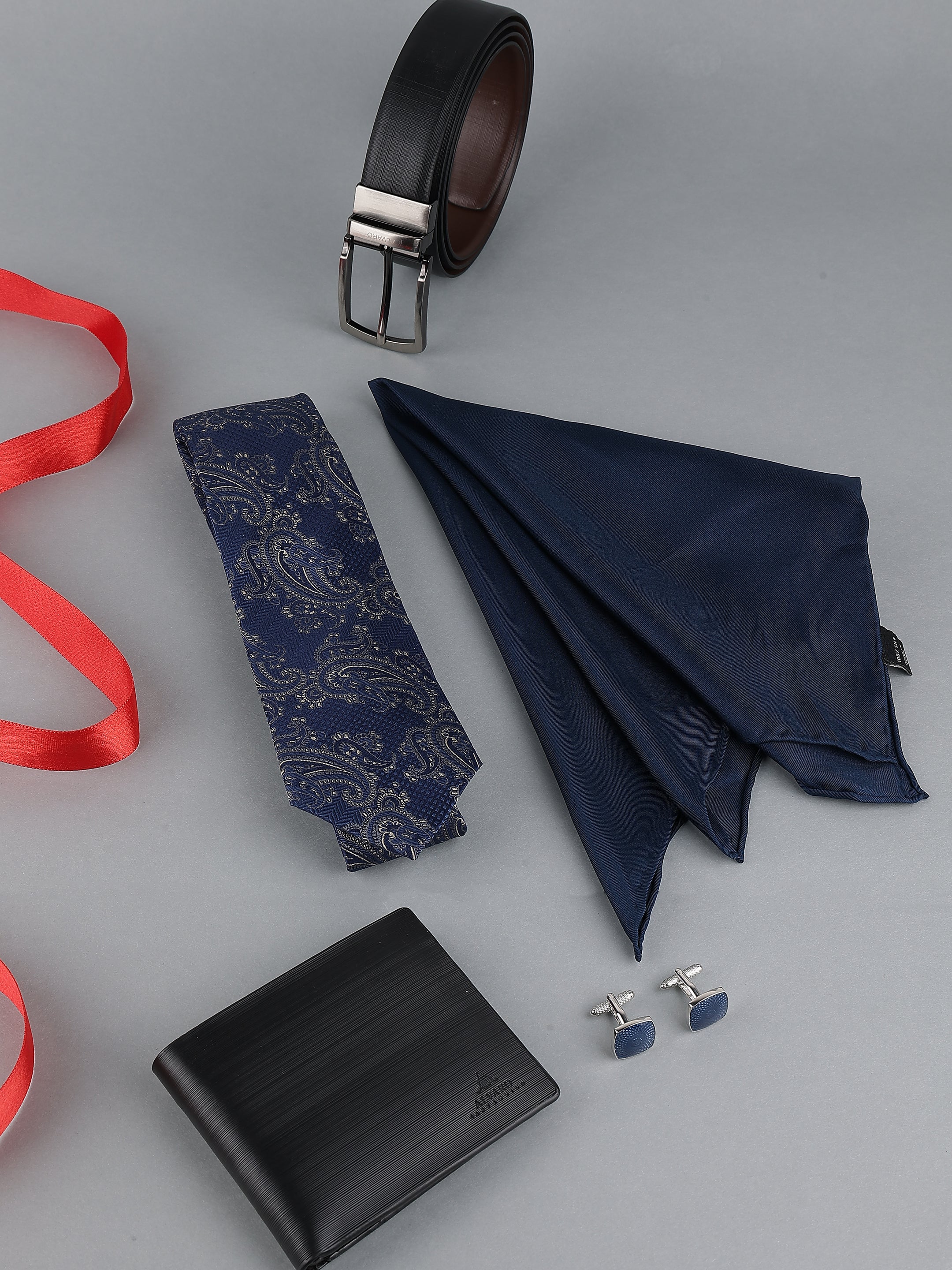 Blue Paisley Silk Necktie Belt & Wallet Leather Gift Set