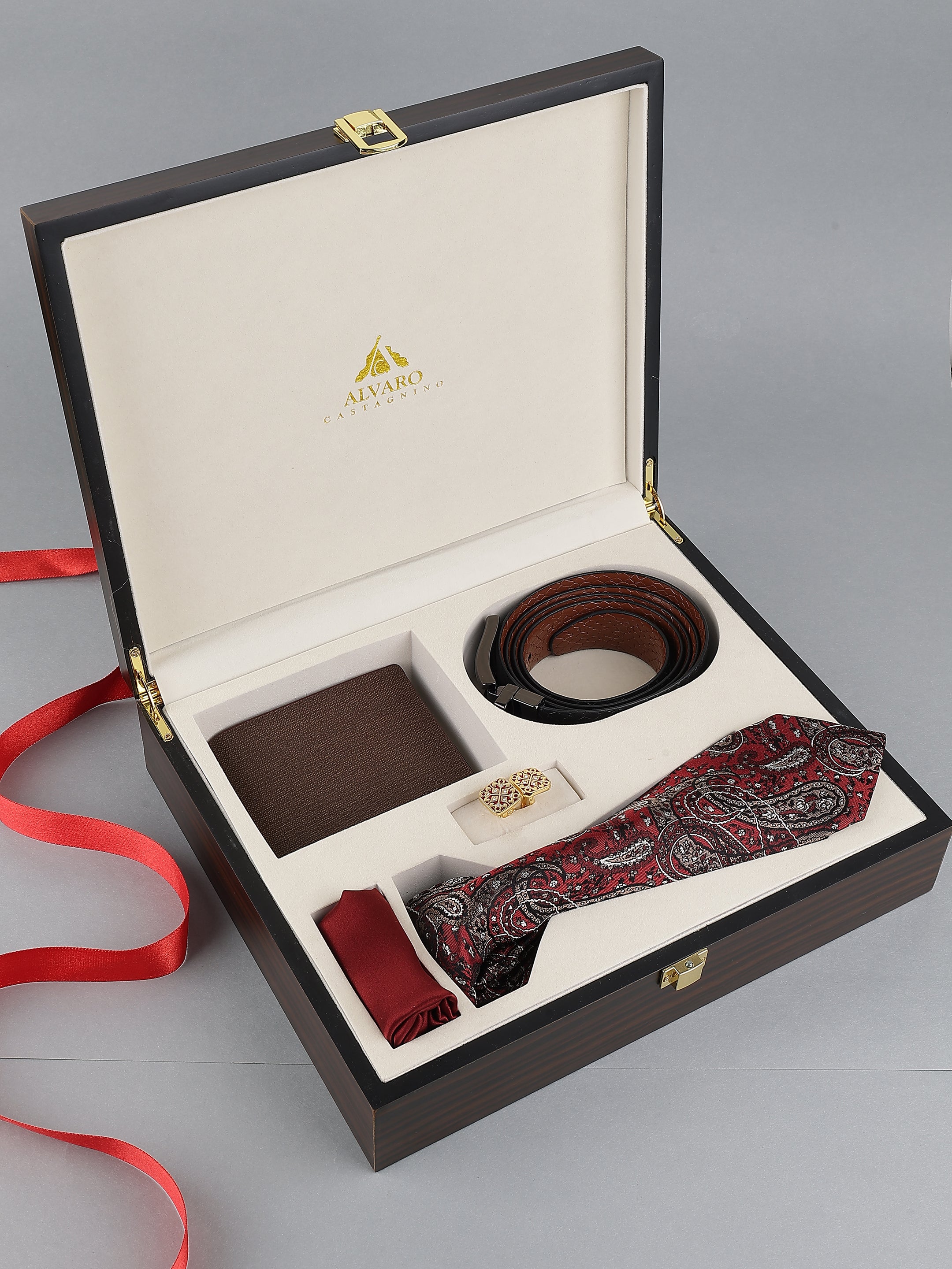 Maroon Paisley Silk Tie & Leather Belt & Wallet Gift Set