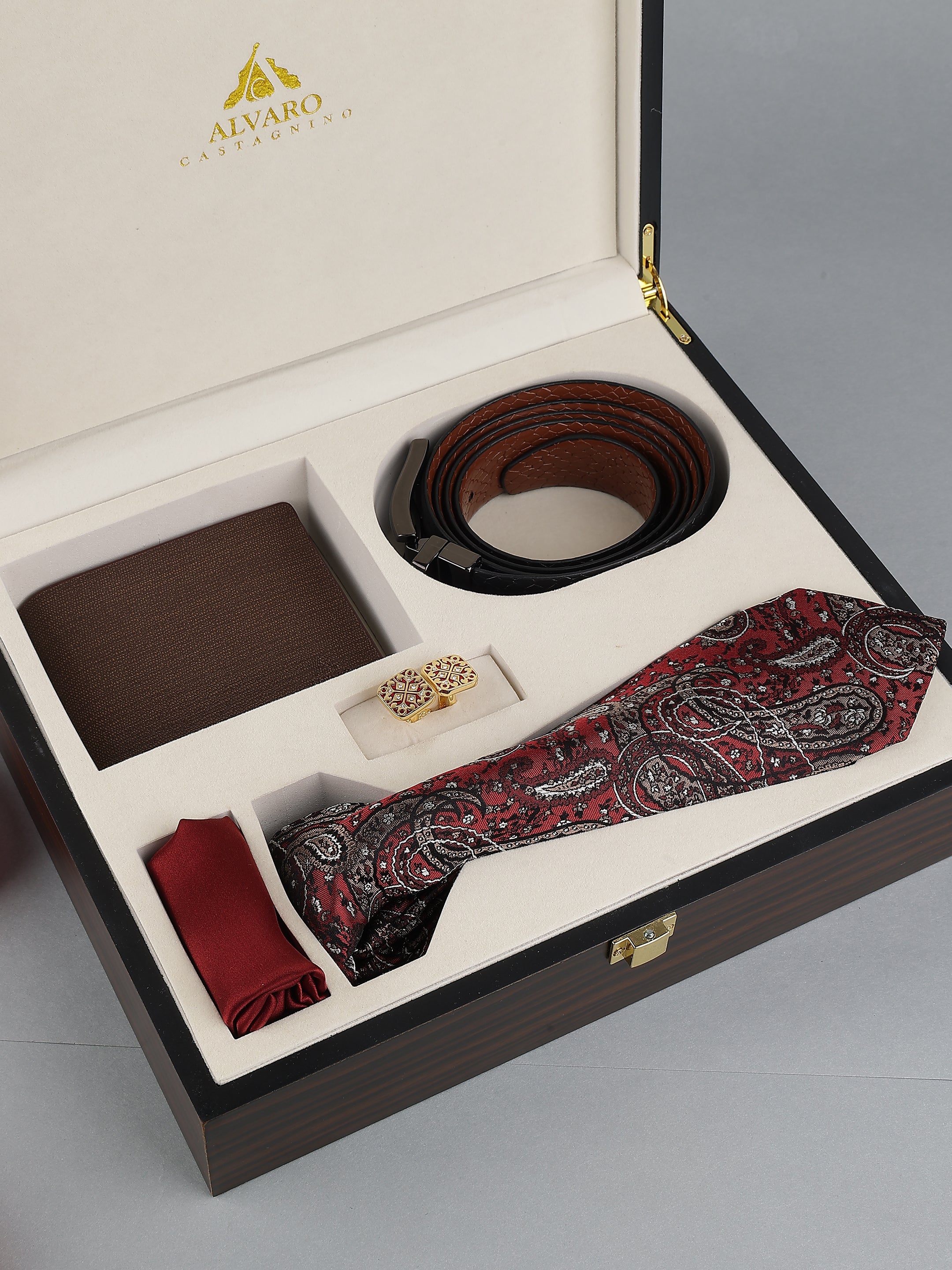 Maroon Paisley Silk Tie & Leather Belt & Wallet Gift Set
