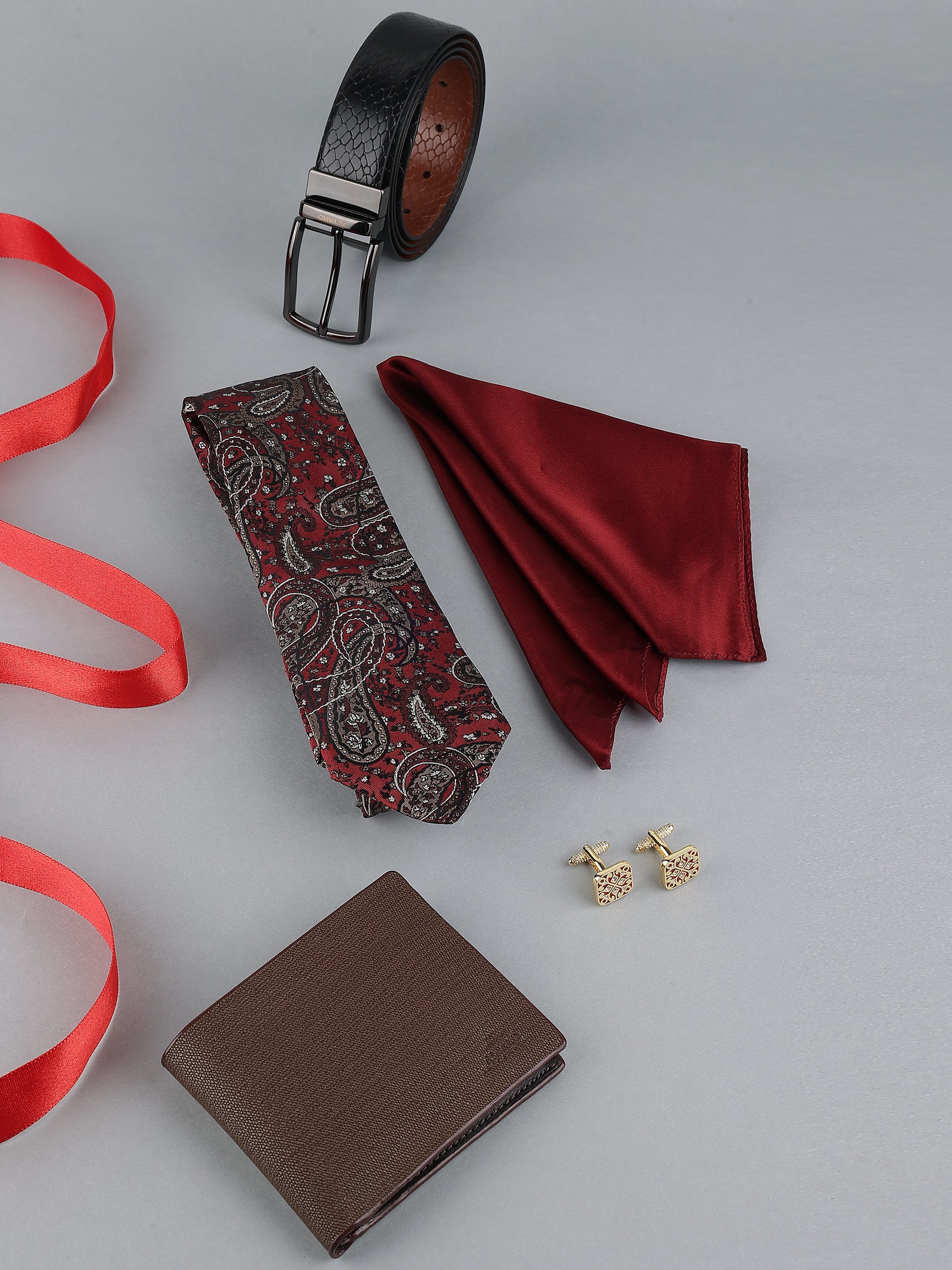 Maroon Paisley Silk Tie & Leather Belt & Wallet Gift Set