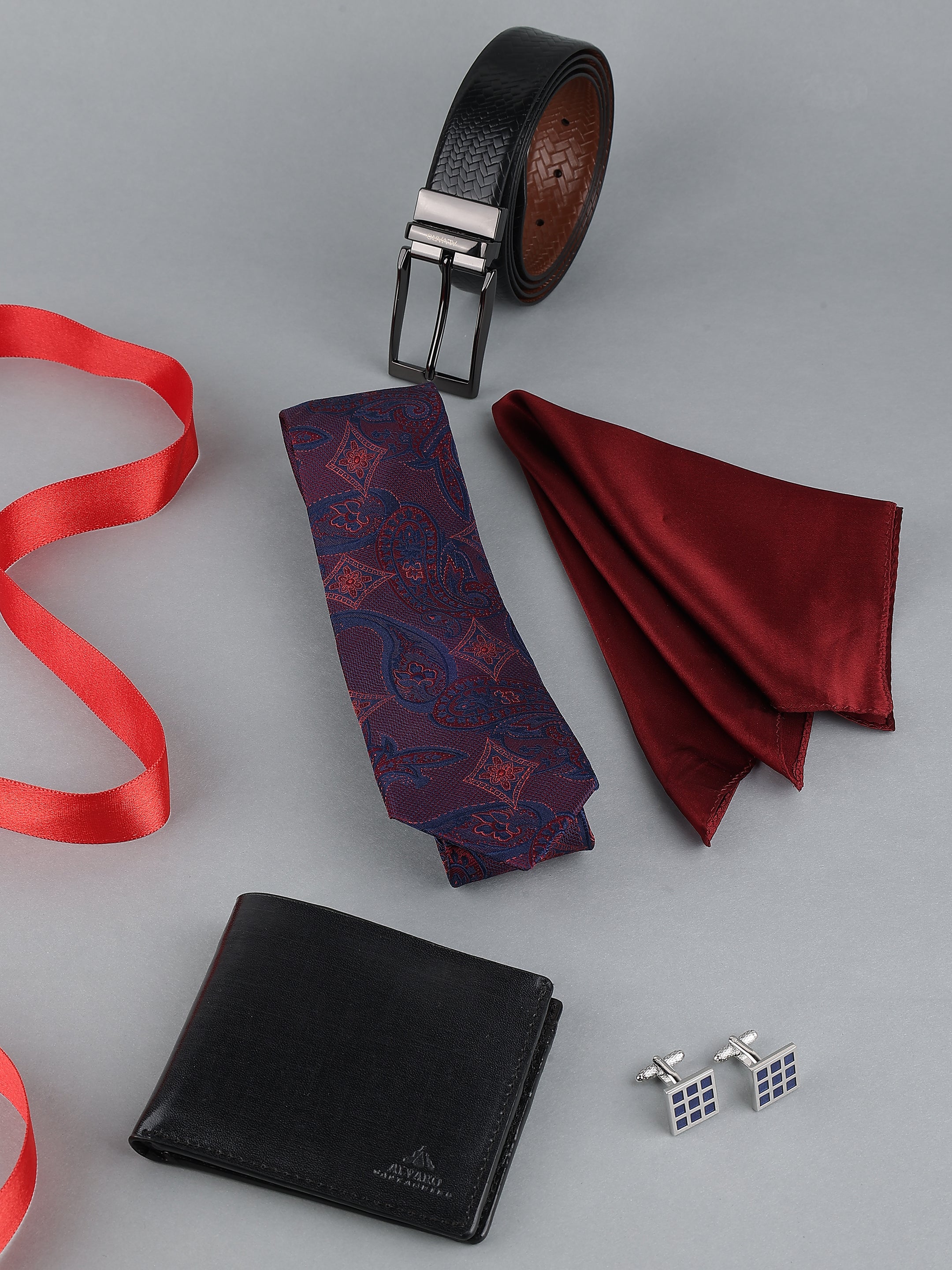 Maroon & Navy Paisley Silk Tie with Leather Belt & Wallet Gift Set