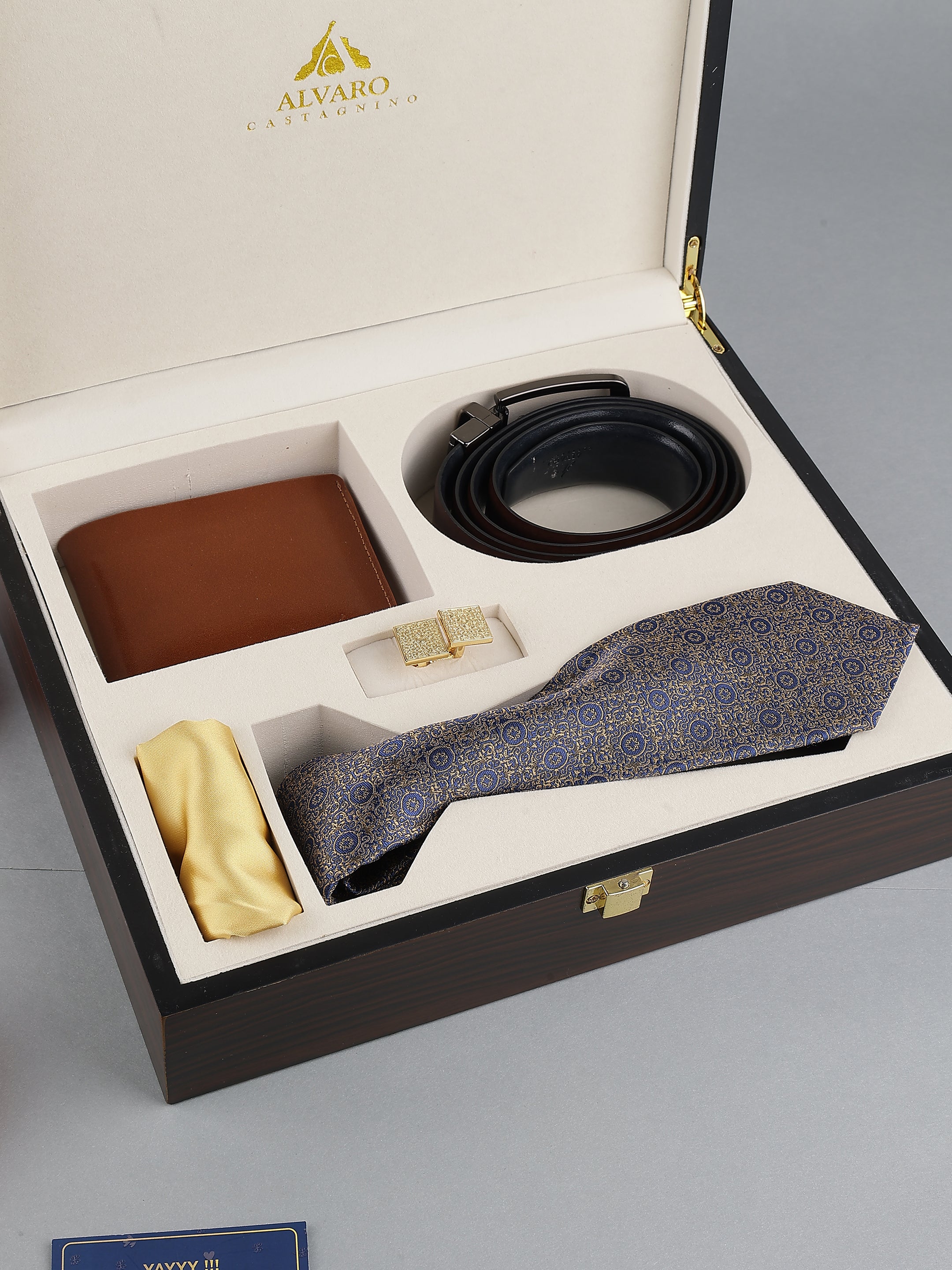 Navy Printed Silk Tie with Leather Belt & Wallet Gift Set