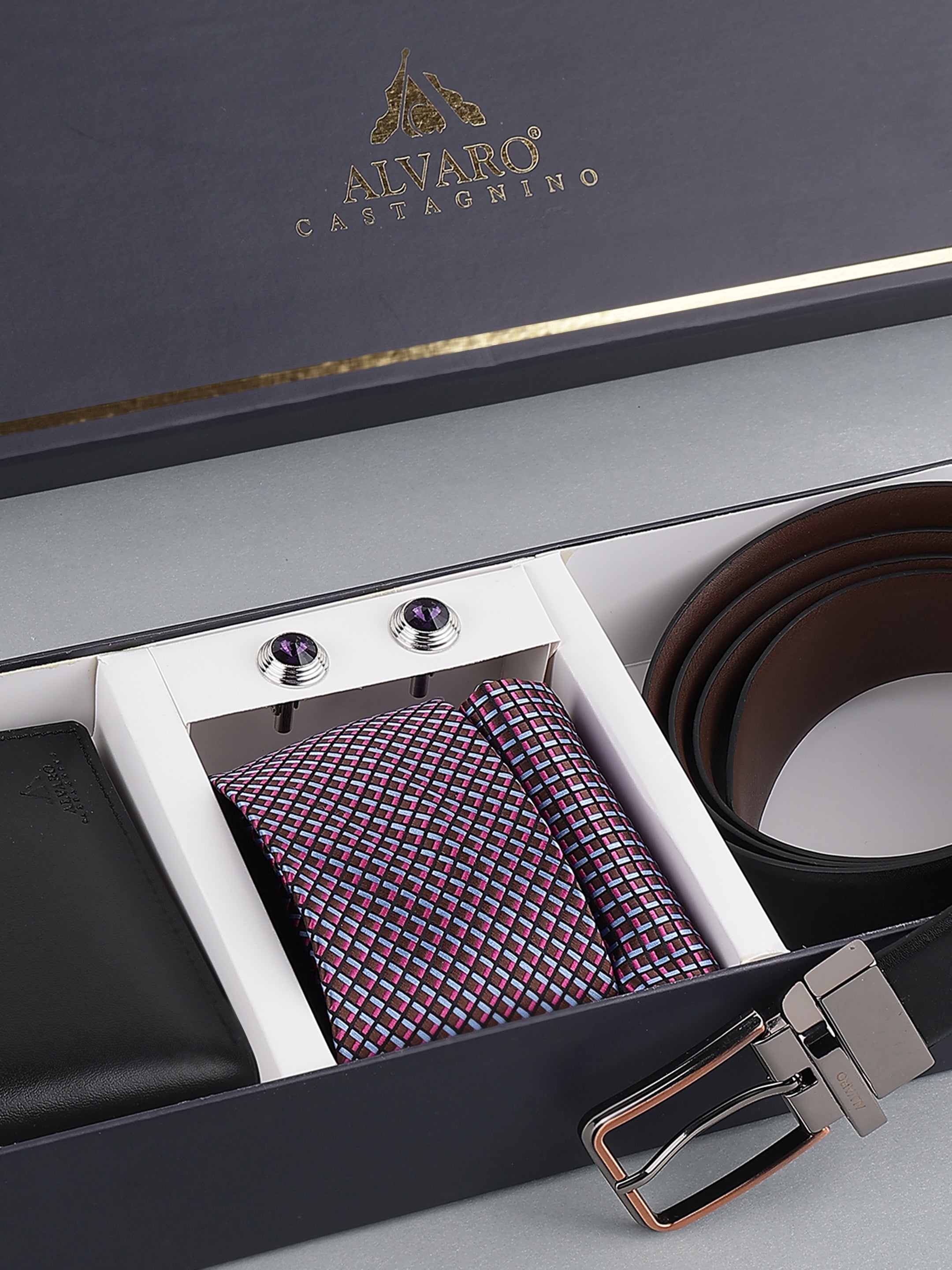 Purple Geometric Tie with Black Belt & Wallet Gift Set