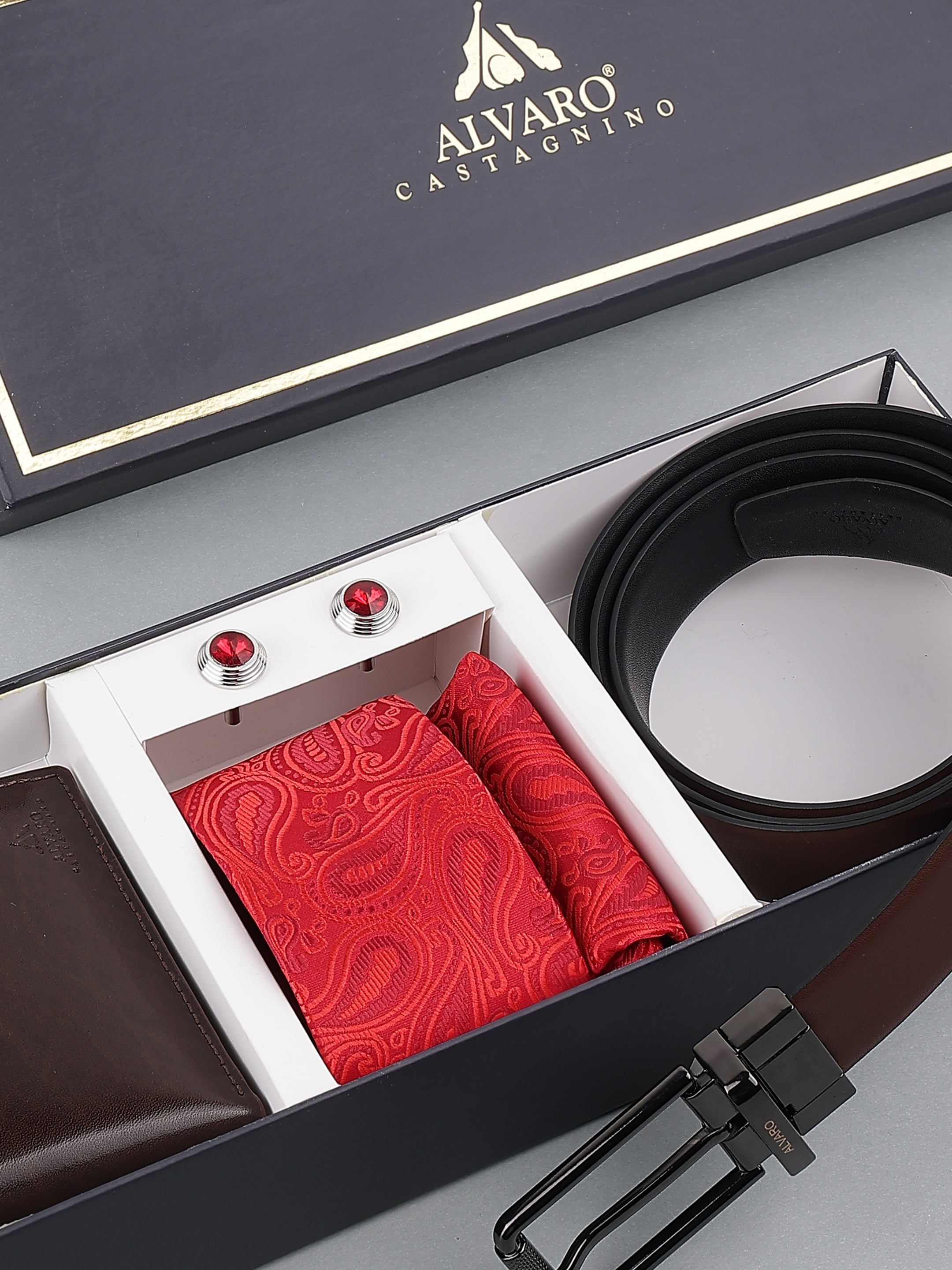 Red Paisley Necktie with Leather Belt & Wallet Gift Set