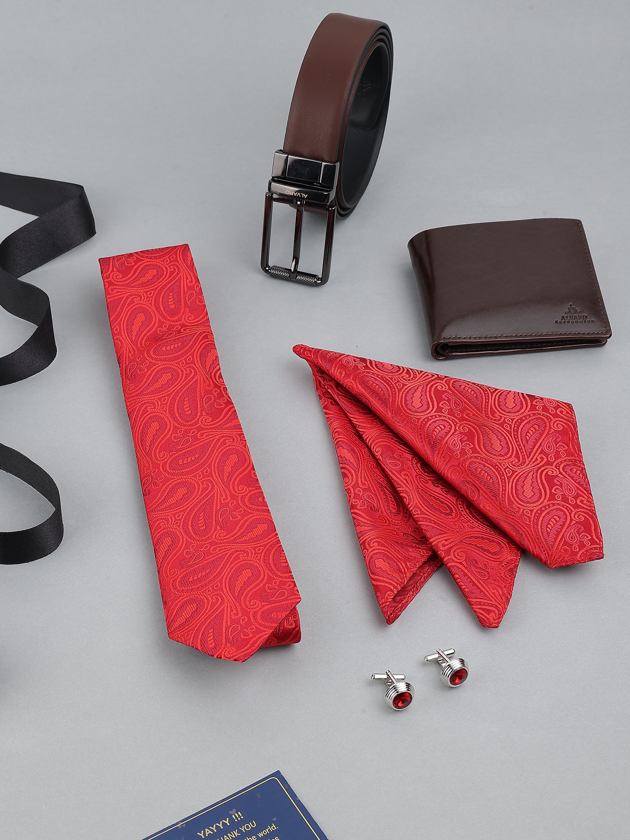 Red Paisley Necktie with Leather Belt & Wallet Gift Set