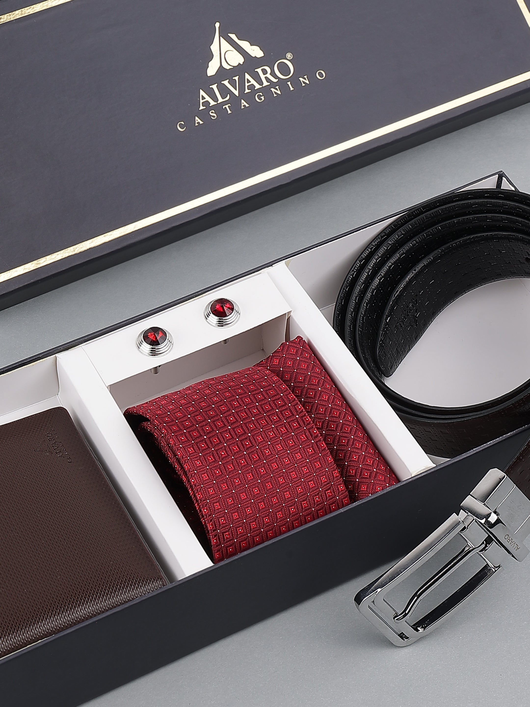 Maroon Diamond-Pattern Tie with Leather Belt & Wallet Gift Set