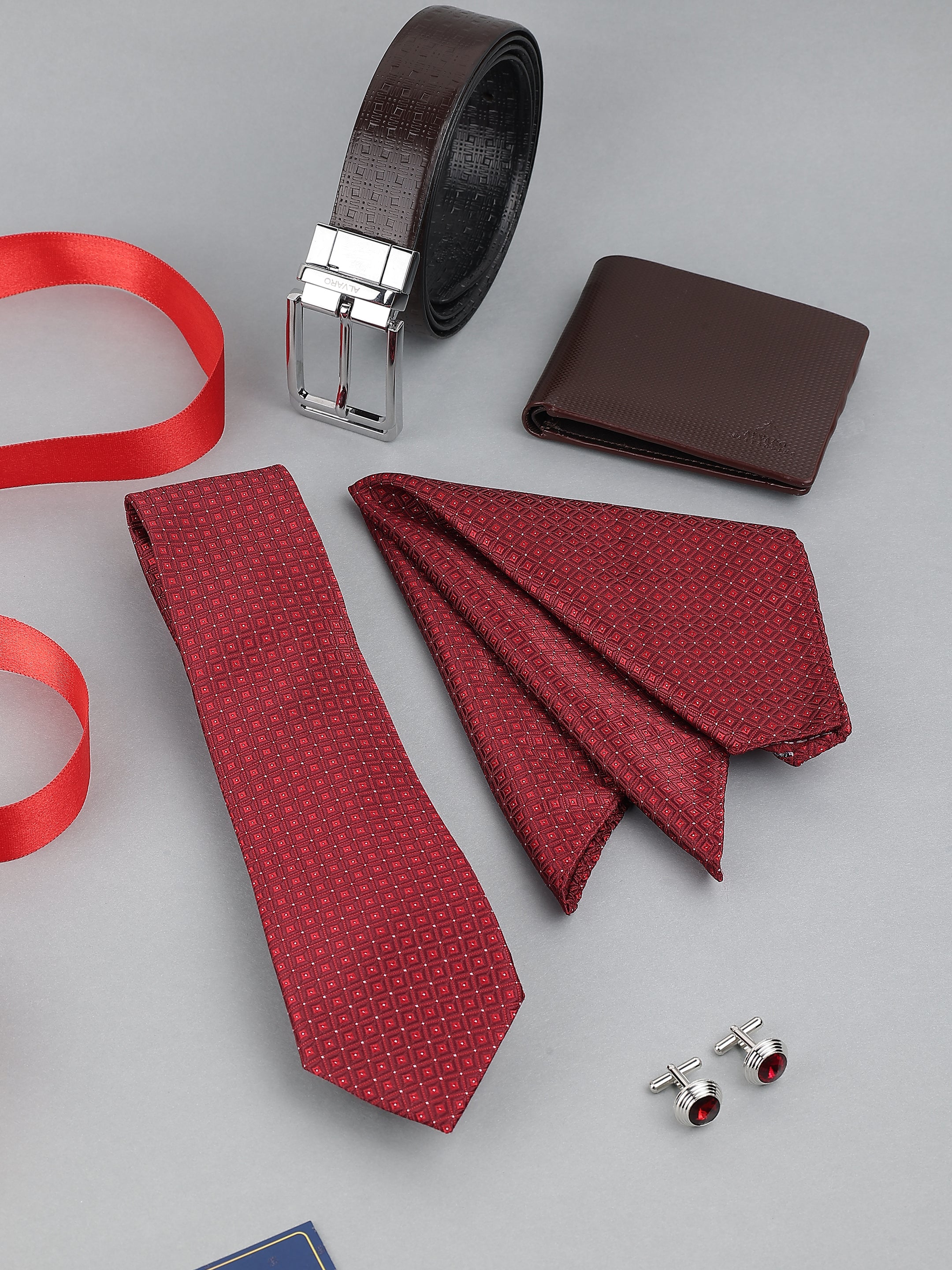 Maroon Diamond-Pattern Tie with Leather Belt & Wallet Gift Set