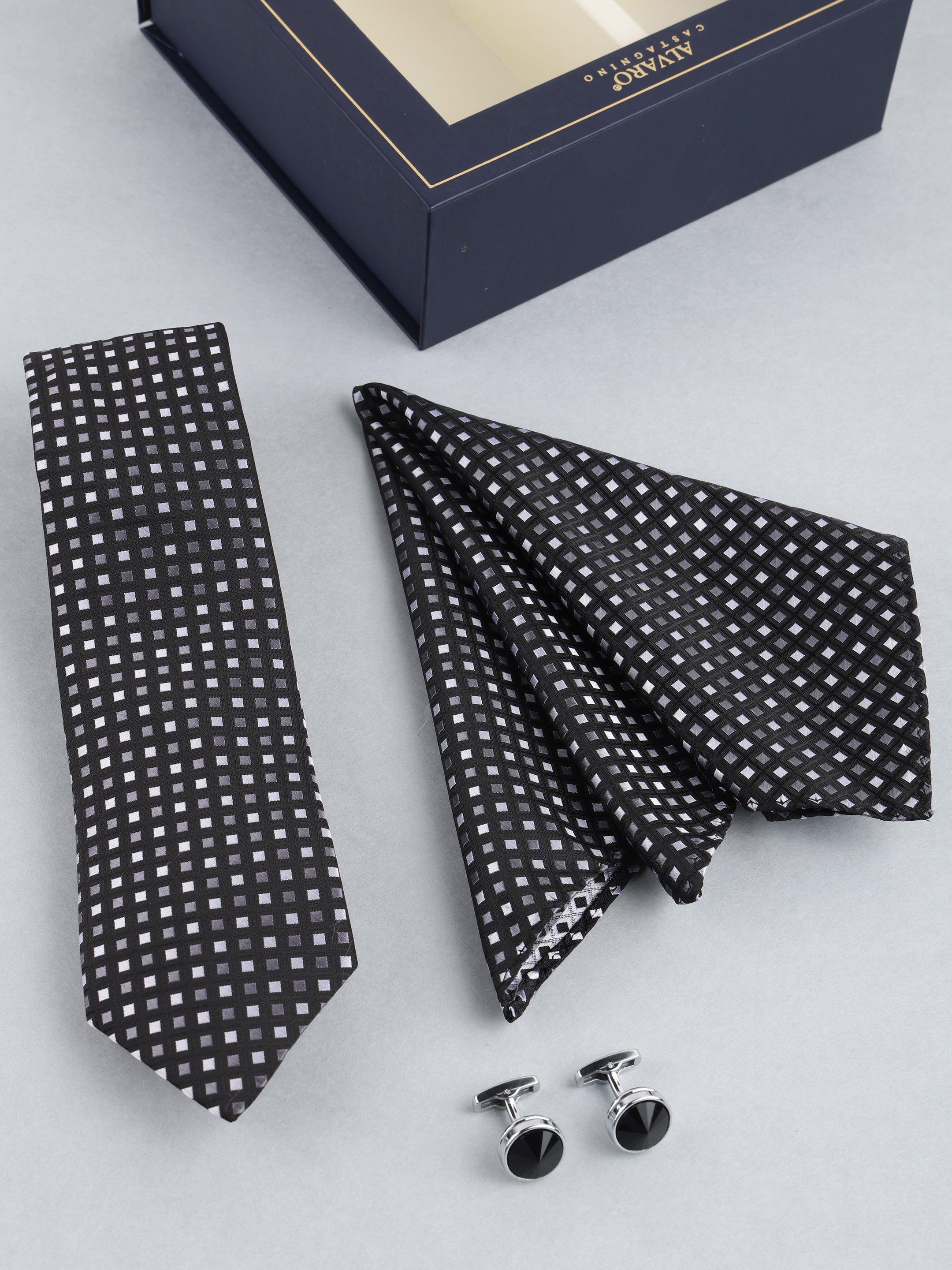 Black Geometric Square Weave Necktie Gift Set