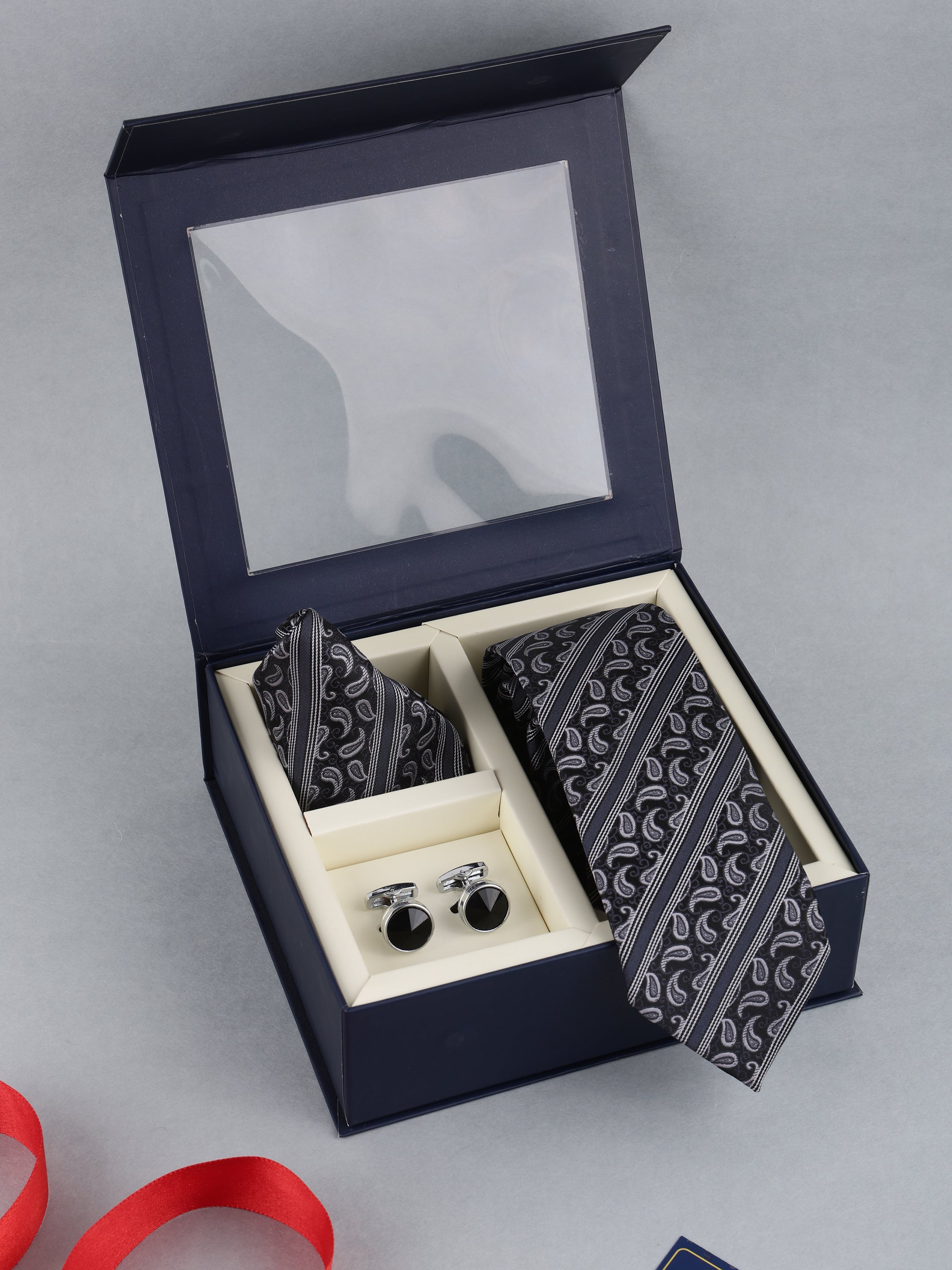 Black & Grey Striped Paisley Necktie Gift Set
