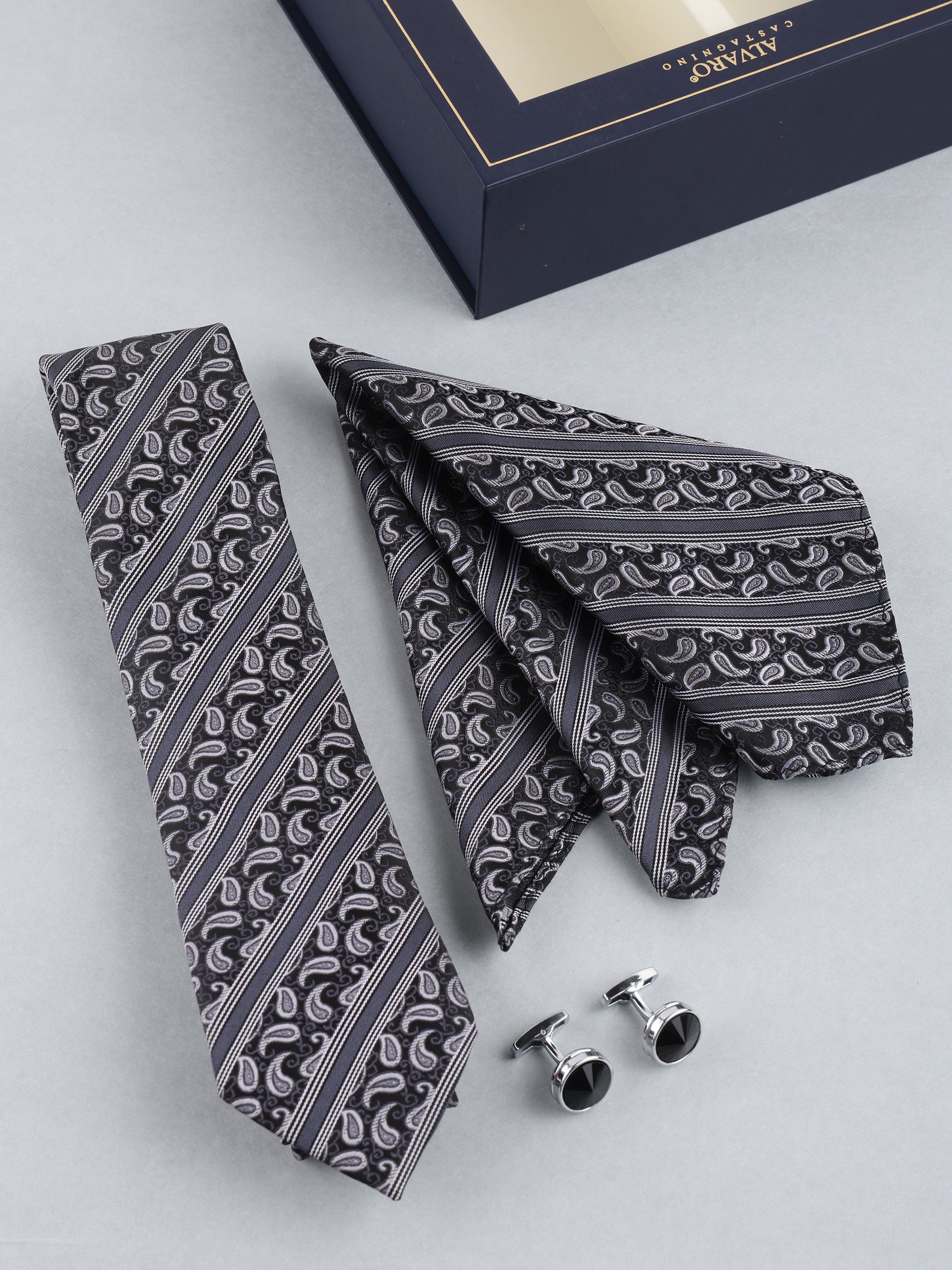 Black & Grey Striped Paisley Necktie Gift Set